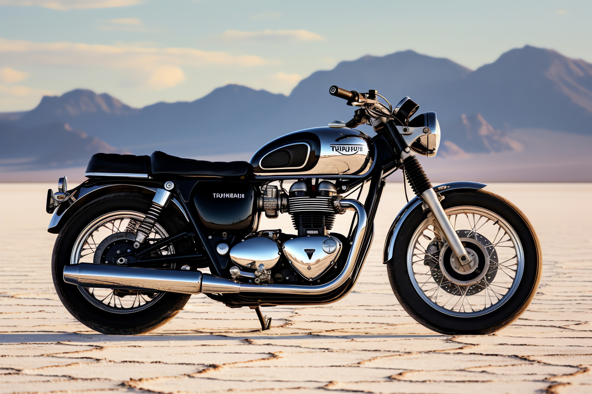 Triumph Bonneville T100, Salt Flats speed, Retro motorcycle style, Pristine flat surface, High-speed environment, HD Desktop Image