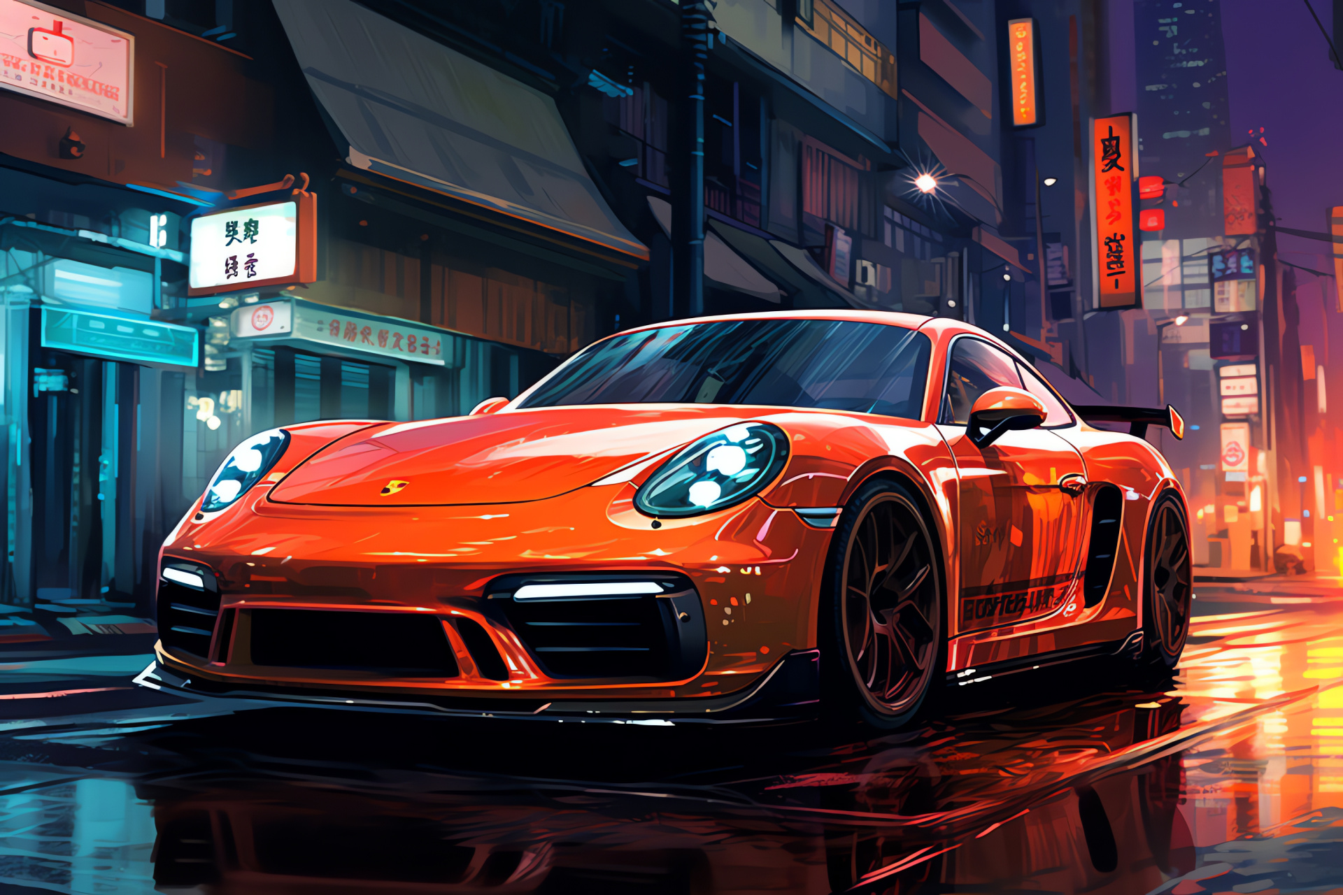 Porsche Cayman S vibrance, Tokyo neon glow, Orange sports car, Japanese nighttime scene, Urban chic, HD Desktop Image