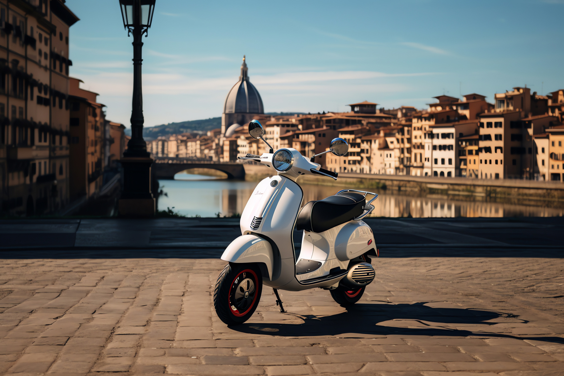 Vespa GTS Touring 300, Italian Renaissance cityscape, Florence travel, Cultural landmarks proximity, Scooter touring, HD Desktop Image