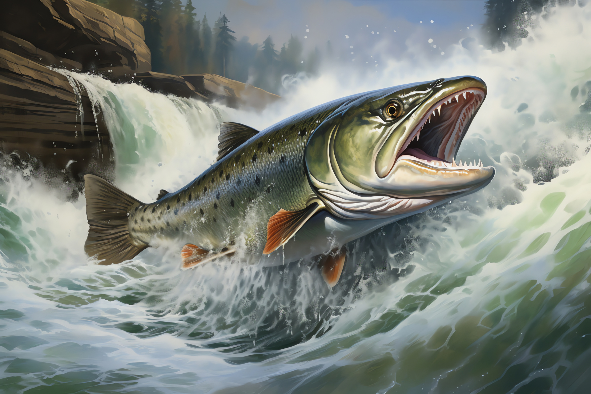 Native game fish, Camouflage fish design, Cool-toned living shield, Cascading water habitat, HD Desktop Image