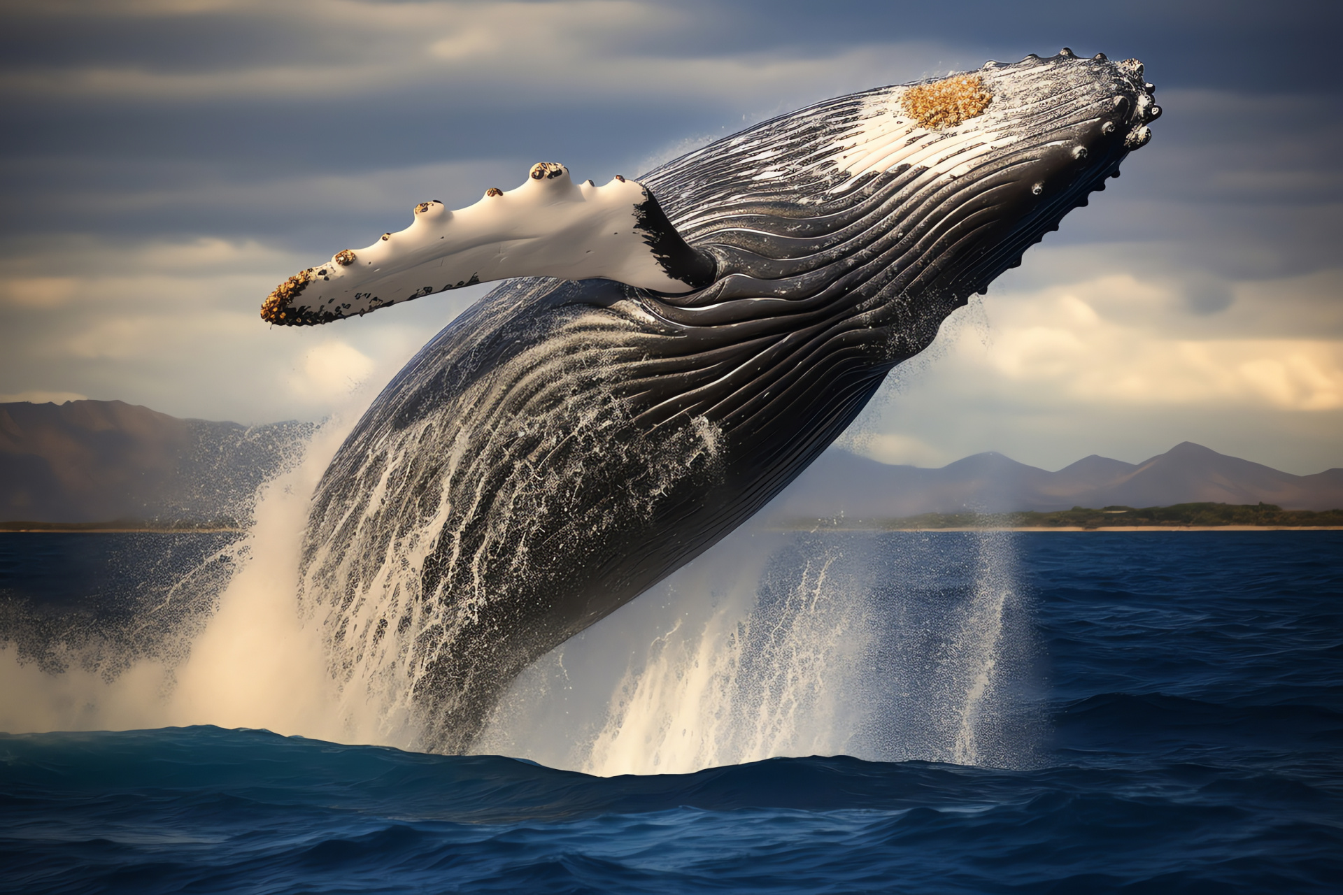 Marine Humpback Whale, Hawaiian fauna, Aquatic mammal, Aerial breach, Gray whale skin, HD Desktop Image