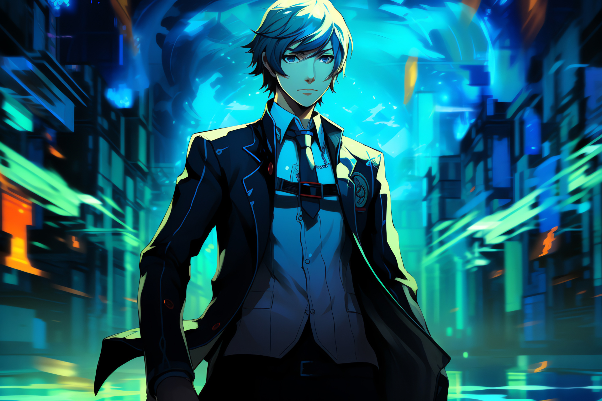 Persona 3 protagonist depiction, High school uniform, Supplementary evoker, Neon light ambiance, Central character focus, HD Desktop Wallpaper