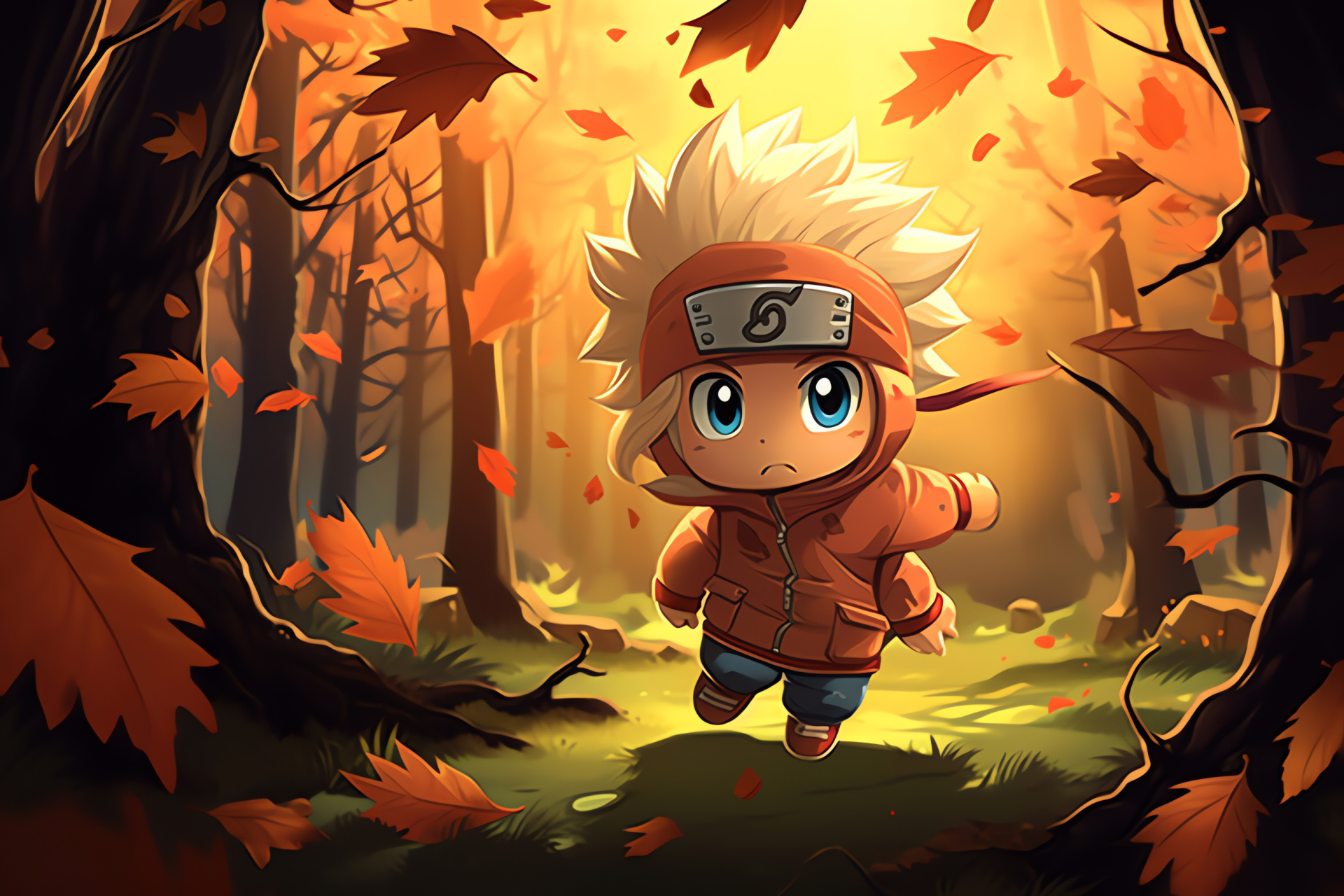 Chibi Naruto, Miniature Rasengan, High-energy moment, Movement capture, Confrontational setting, HD Desktop Image