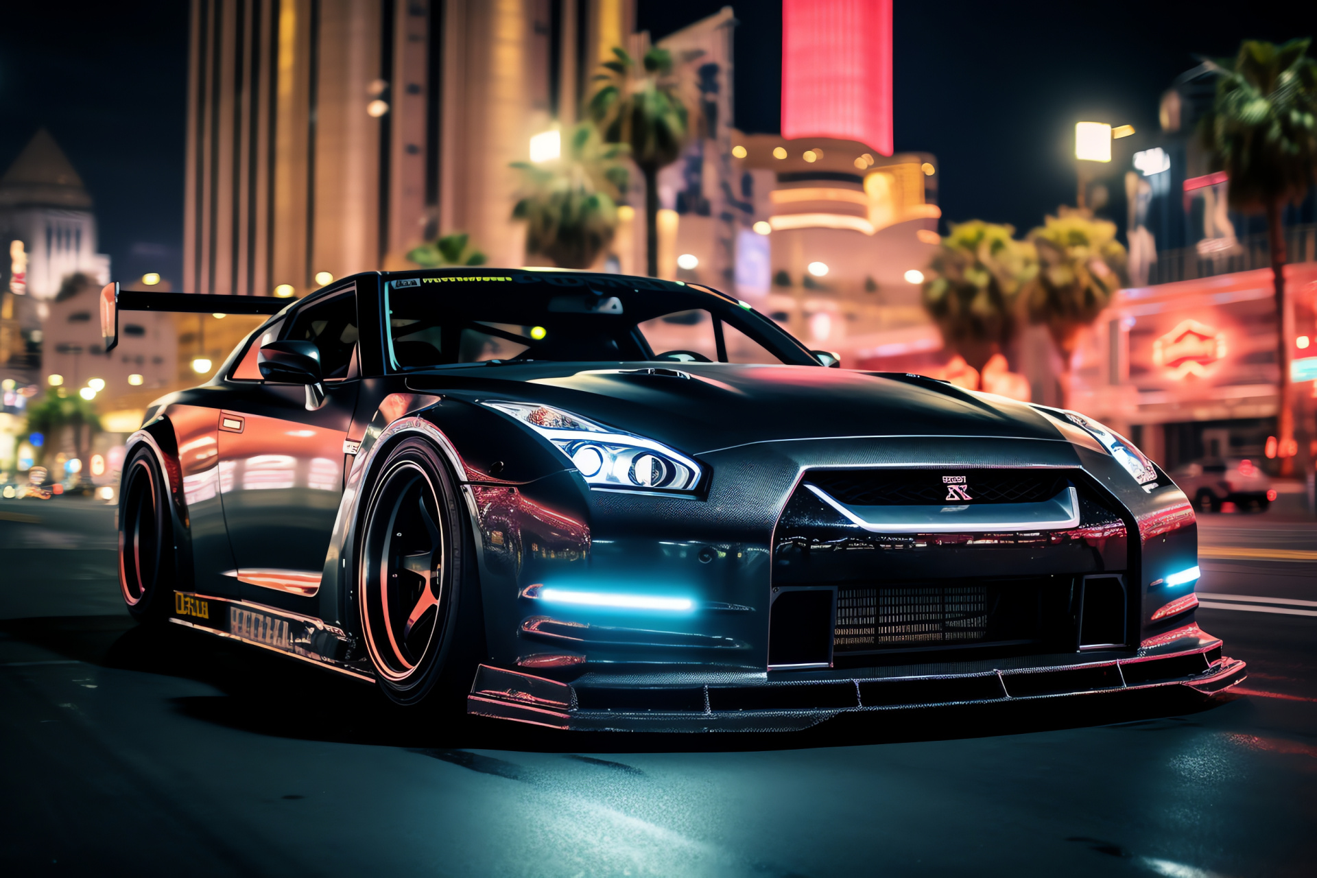 Nissan GTR Liberty Walk, Nightlife on Vegas Strip, Nevada's famous boulevard, Luxurious resorts, High-performance vehicles, HD Desktop Image