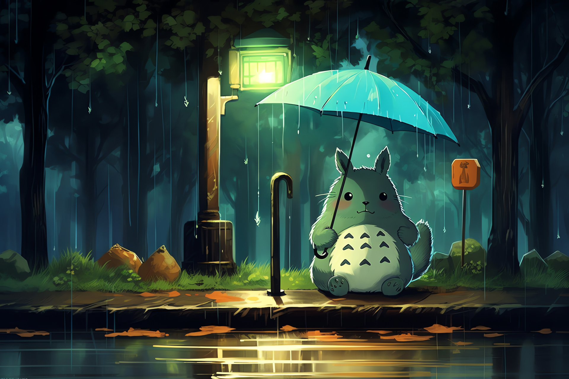 Totoro at bus stop, Studio Ghibli, Rainy scene, Animated film, Iconic Japanese anime, HD Desktop Image