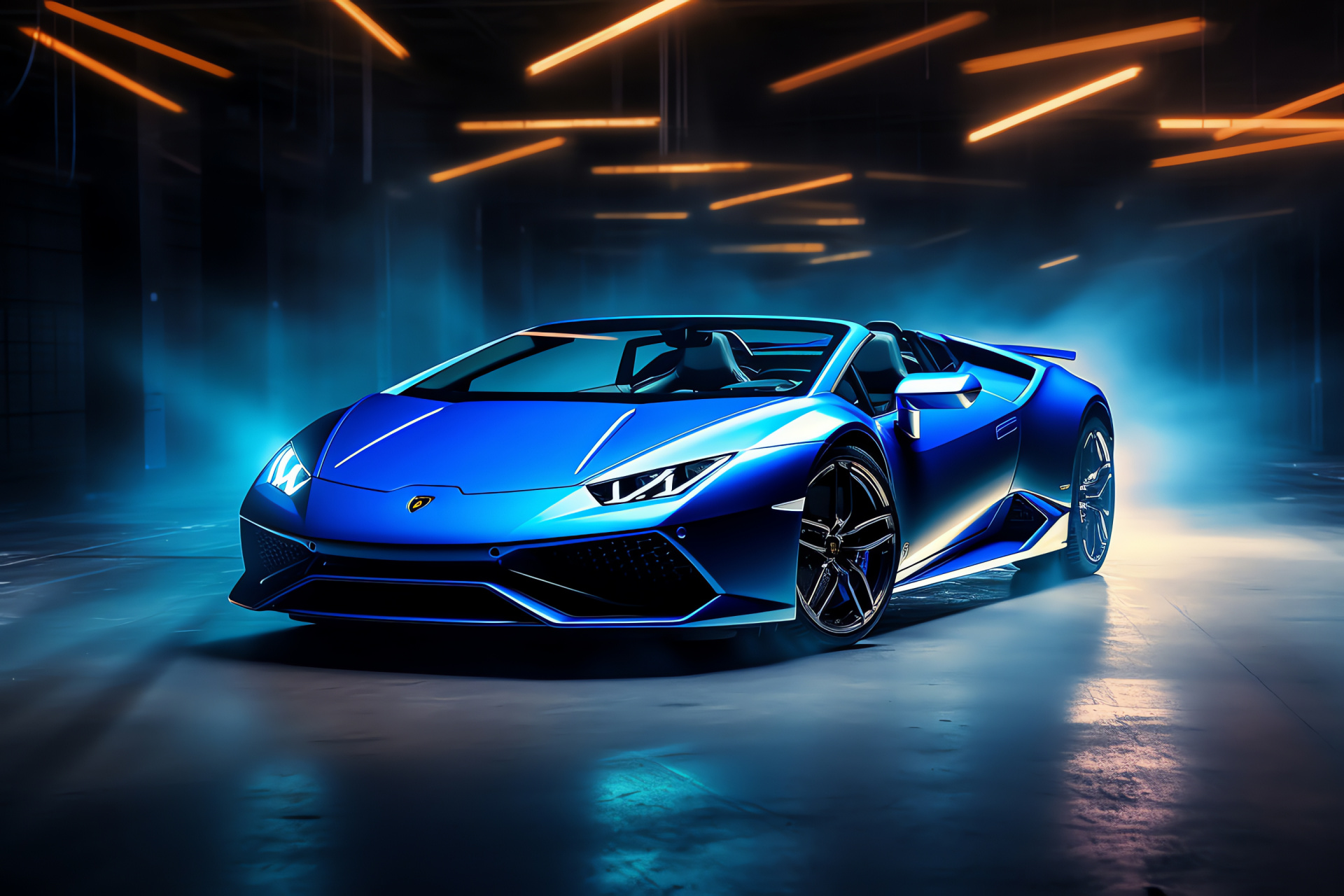 New Lamborghini release, Huracan EVO Spyder, vibrant backlit scene, blue and black hues, convertible supercar, HD Desktop Wallpaper