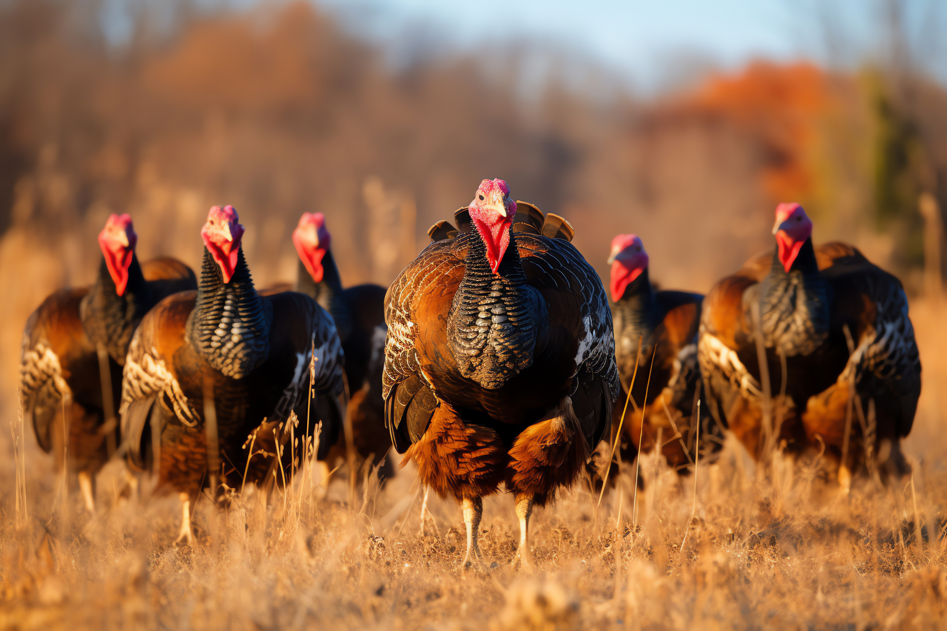 Wild Turkeys, crimson craniums, elongated limbs, drab feathers, monochromatic contrast, HD Desktop Wallpaper