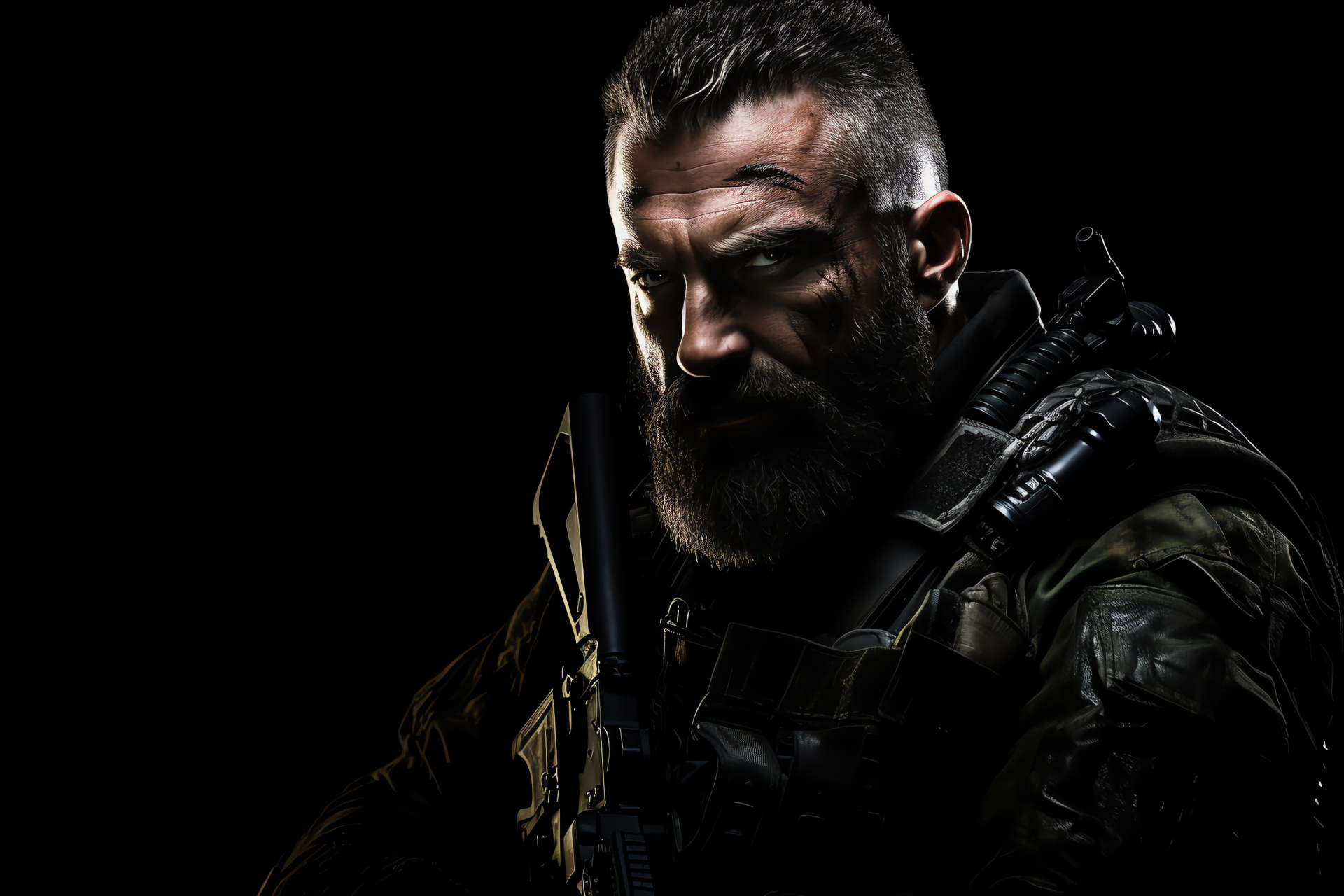 Soap MacTavish MW3, Special operations avatar, Firm expression, Close combat weapon, Shadowed silhouette, HD Desktop Wallpaper