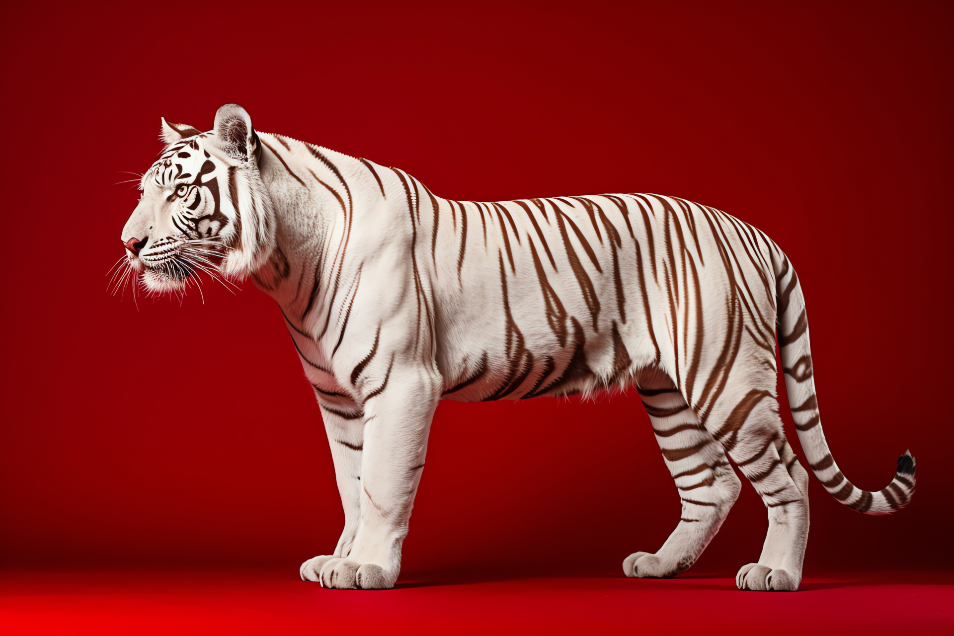 White Bengal Tiger, predator grace, crimson setting, serene appearance, big cat, HD Desktop Wallpaper