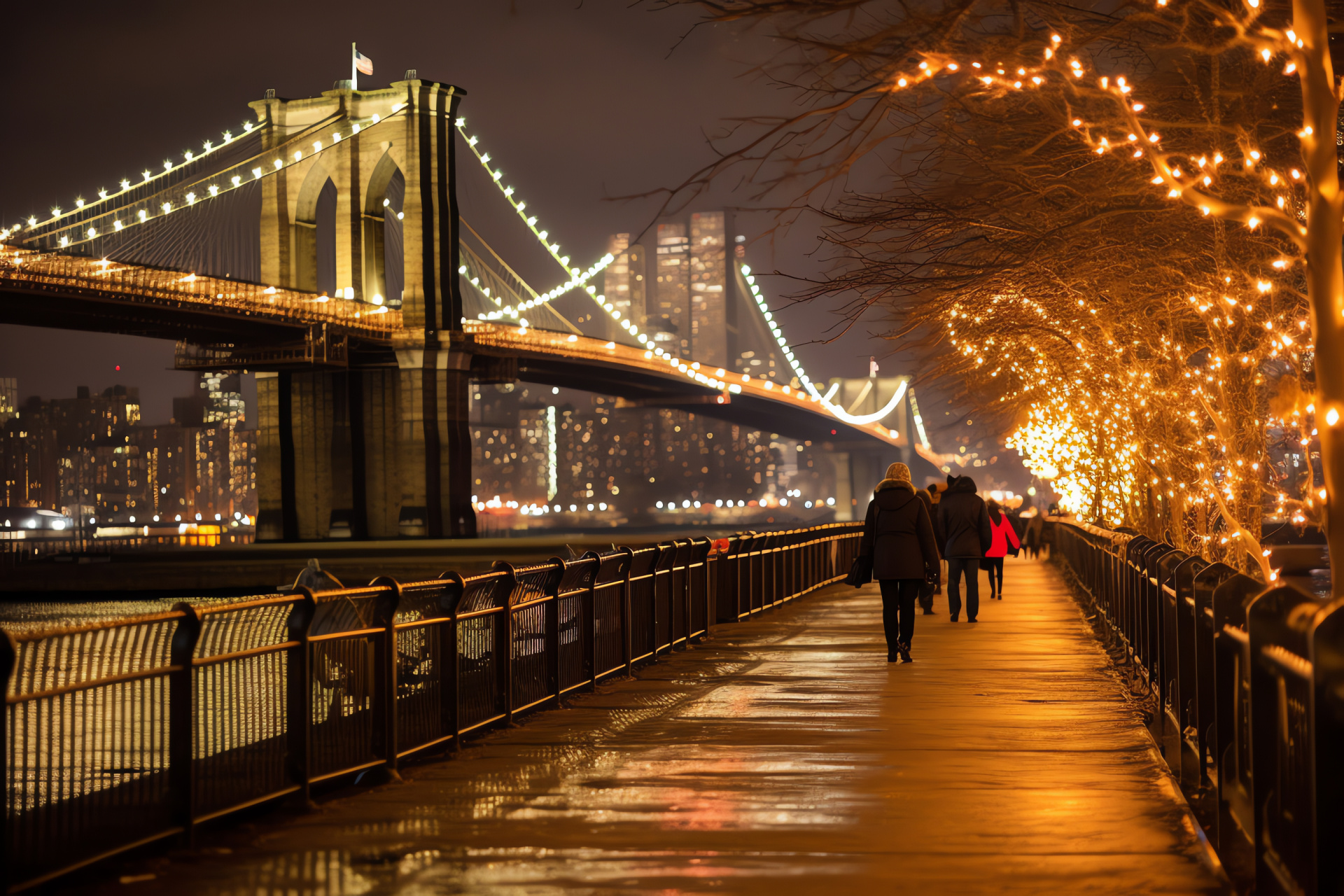 Brooklyn Bridge holiday lights, Seasonal city decor, East River view, DUMBO holiday tunes, Urban romance, HD Desktop Wallpaper