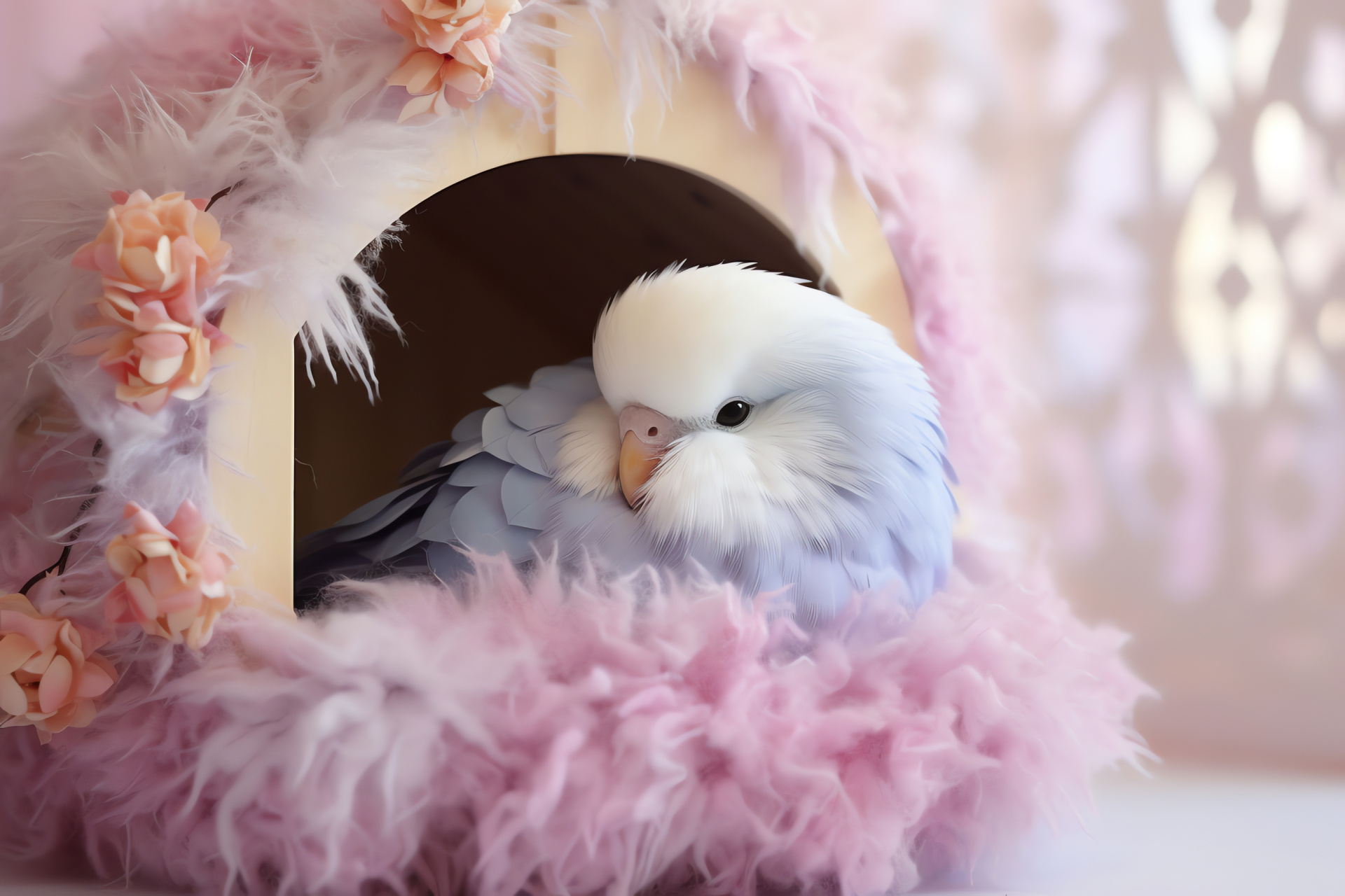 Parakeet, pink feathers, avian charm, birdhouse dwelling, lavender hues, HD Desktop Image