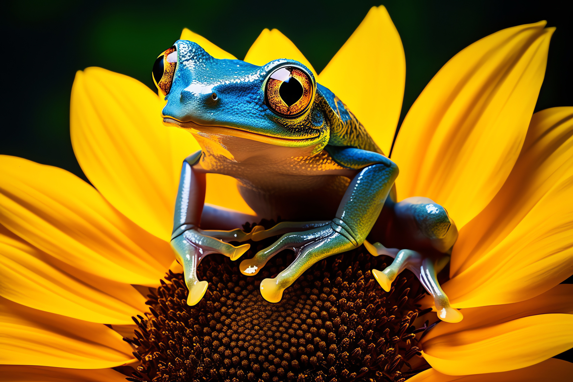 Colorful Tree Frog, Bright blue eyes, Sunflower association, Bold amphibian hues, Sunny environment, HD Desktop Image