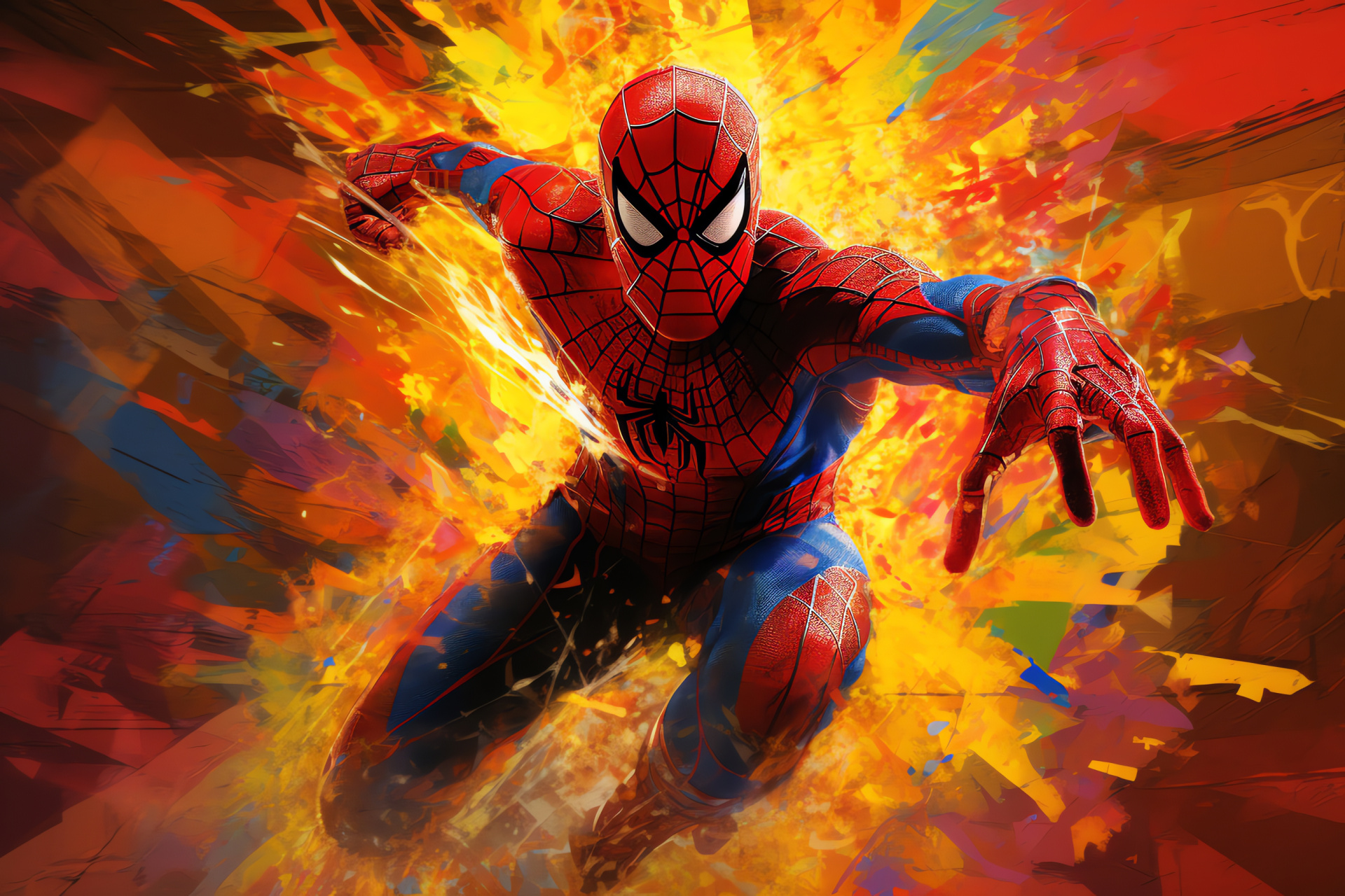 Marvel superhero leap, Spider-Man mid-flight, Red and blue hues, Costume detail, Action snapshot, HD Desktop Wallpaper