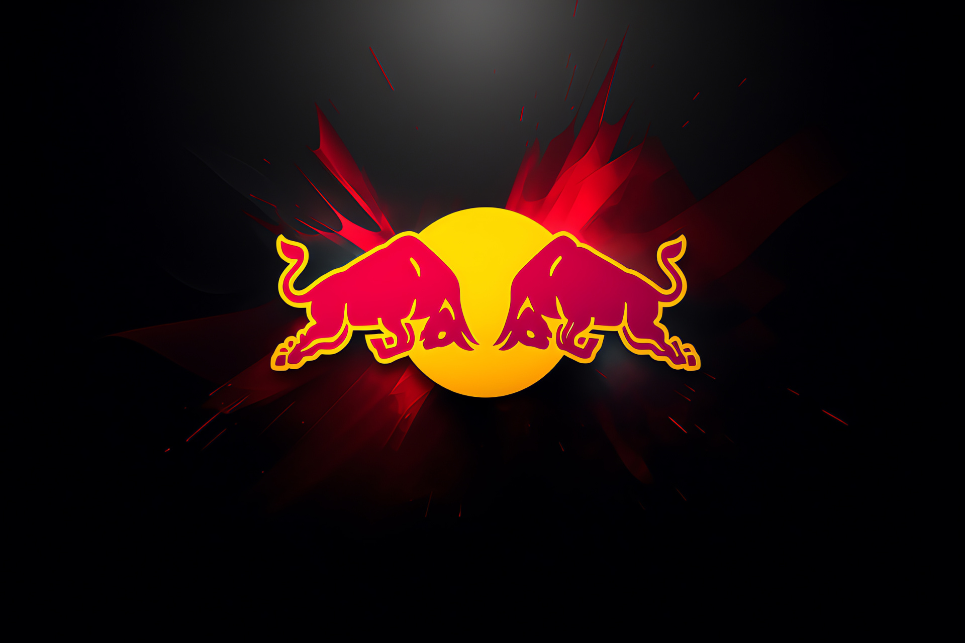 Red Bull insignia, Dynamic bull figure, Solar burst effect, High-contrast design, Marketing emblem, HD Desktop Image