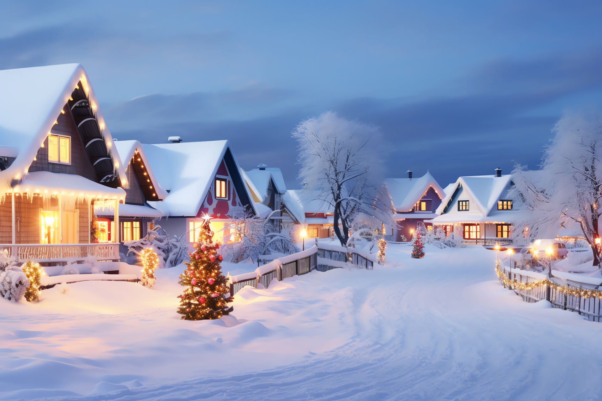 Enchanting village ambiance, Winter holiday illumination, Quaint homes adorned, Folkloric allure, Snow-kissed hamlet, HD Desktop Image