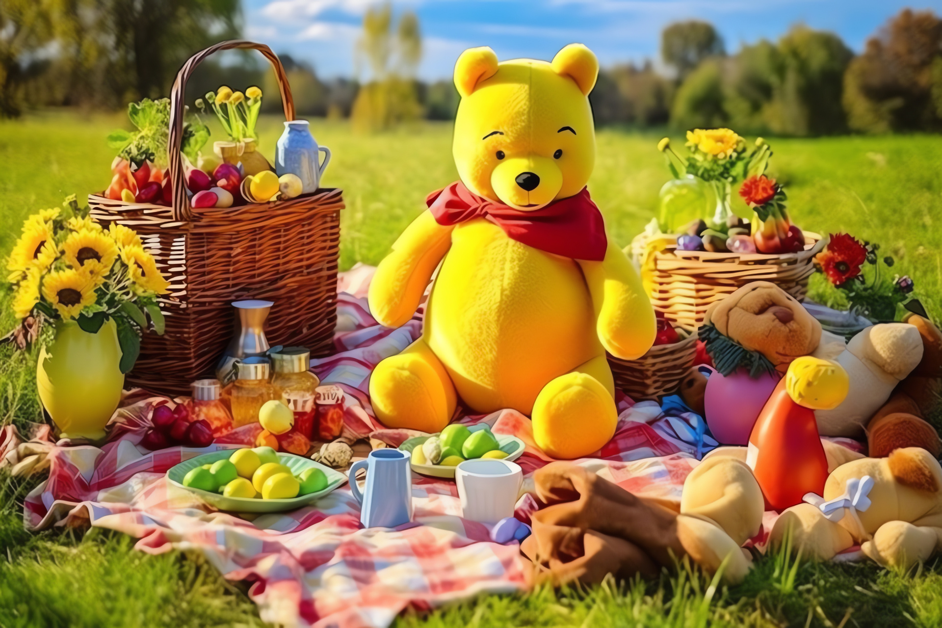 Springtime feast with Pooh and friends, sun-drenched glen, iconic plush bear, joyous child's play, HD Desktop Image