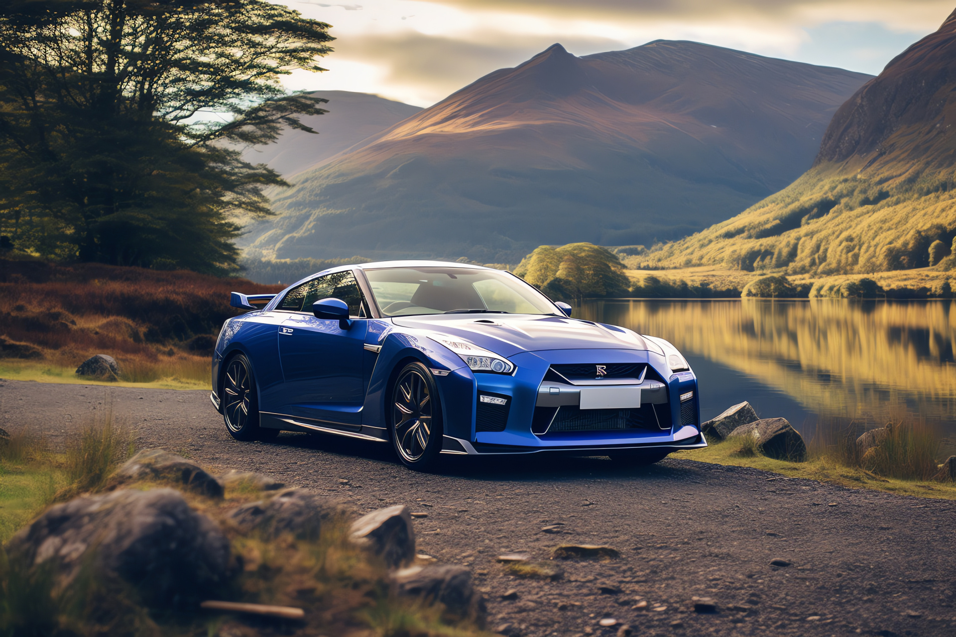 Nissan GTR R35, Scotland landscape, Skyline model, metallic blue finish, rolling hills, HD Desktop Wallpaper