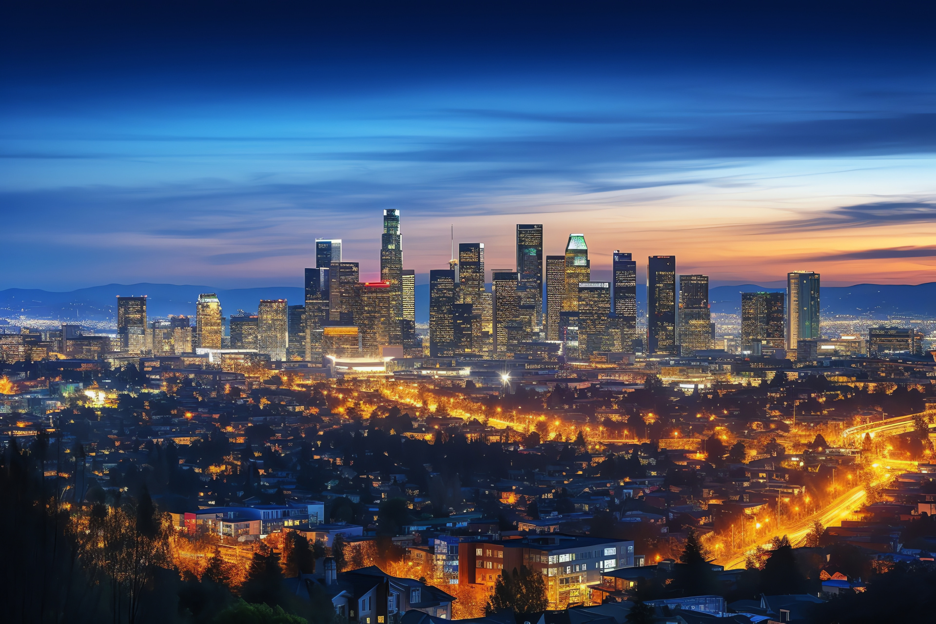 Urban skyline nocturne, Dusk atmosphere, City twinkle, Metropolitan hues, Night ambiance, HD Desktop Image