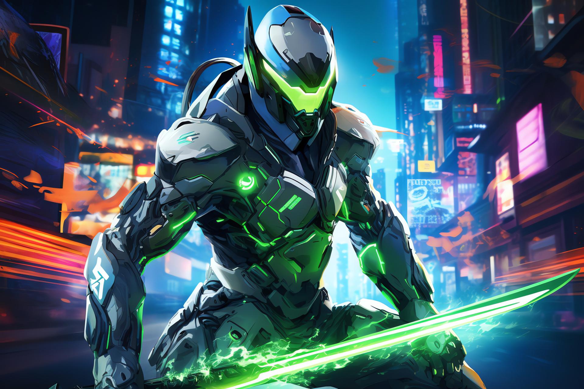 Overwatch Genji, Cyber-enhanced agility, Dragonblade wielding, Action moment, Heroic stance, HD Desktop Wallpaper