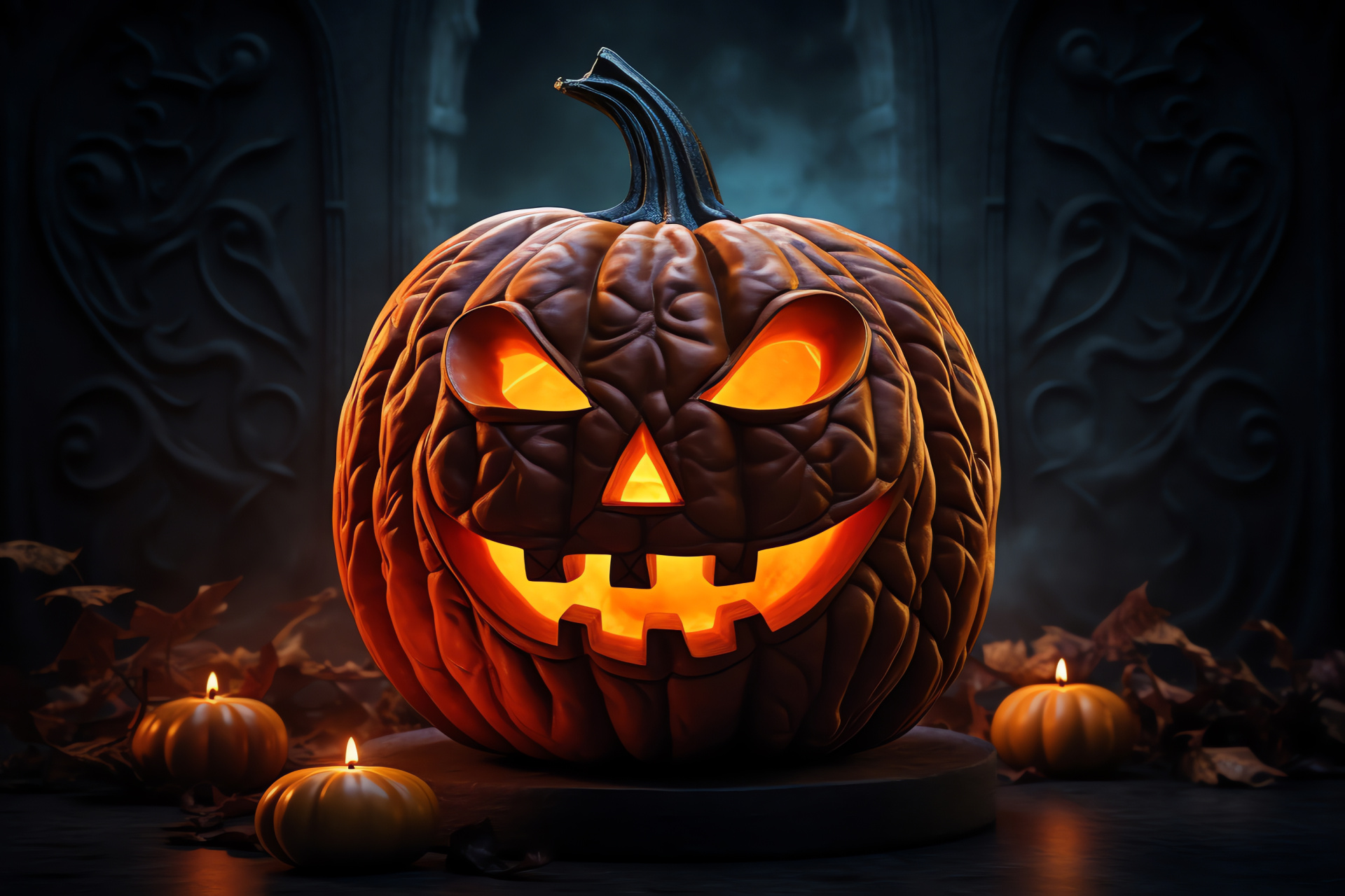 Carved pumpkin lantern, nocturnal setting, eerie facial carvings, internal illumination, All Hallows' Eve, HD Desktop Wallpaper