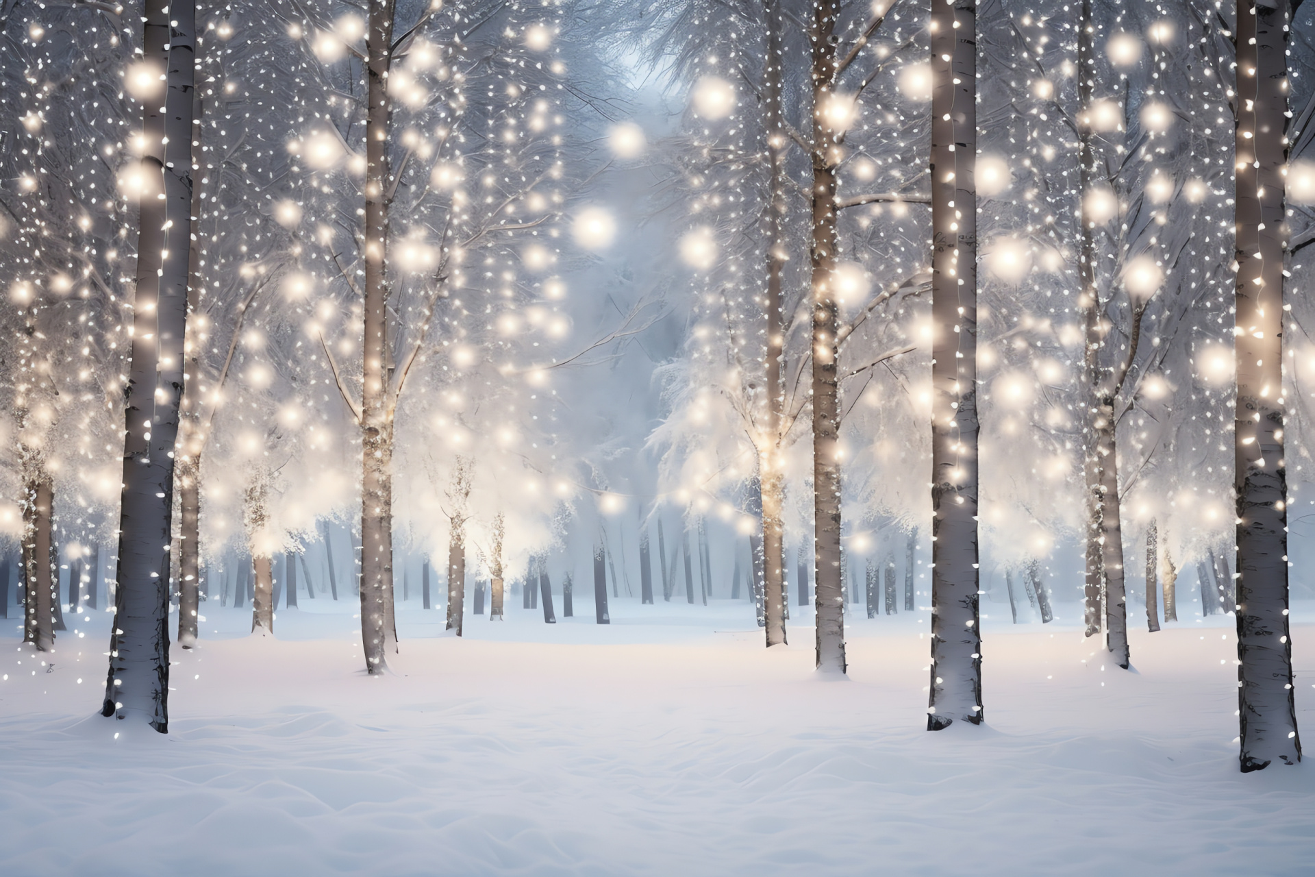 Silent forest transformed into winter domain, white Christmas lights amidst trees, ethereal woodland snowfall, HD Desktop Image