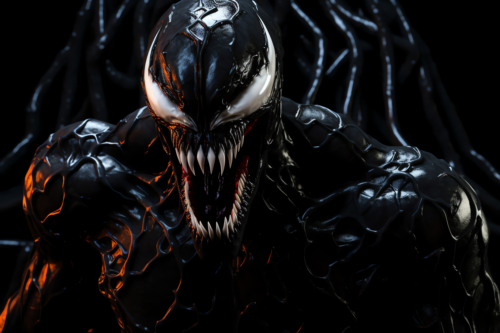 Venom figure, Sinister presence, Ominous glow, Dangerous symbiote, Menacing grin, HD Desktop Wallpaper