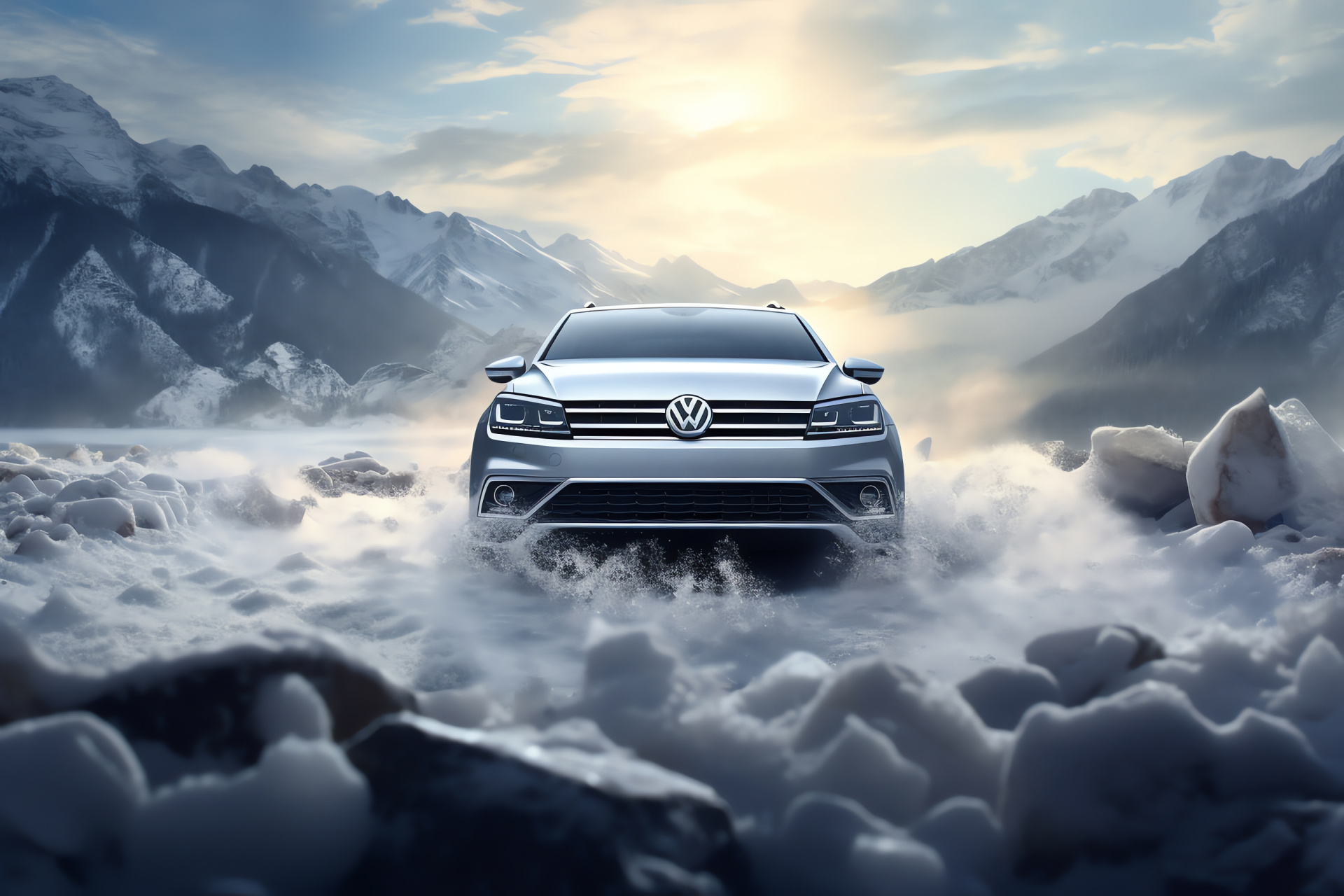 VW emblem, Volkswagen rugged model, alpine snow landscape, durable car features, metallic reflection of strength, HD Desktop Image