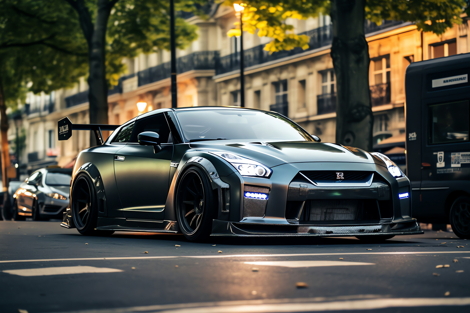 Nissan GTR Liberty Walk, Parisian Champs-Elyses, Historic French architecture, Landmark vicinity, Modified car elegance, HD Desktop Image