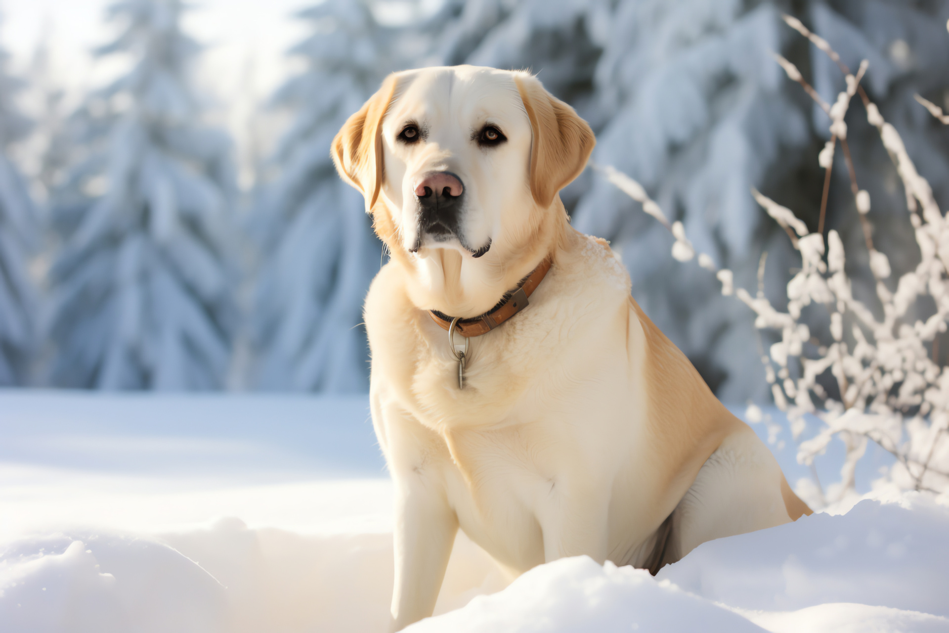 Yellow Labrador winter, Canine resilience, Chilly climate, Fluffy companion, Icy terrain, HD Desktop Image