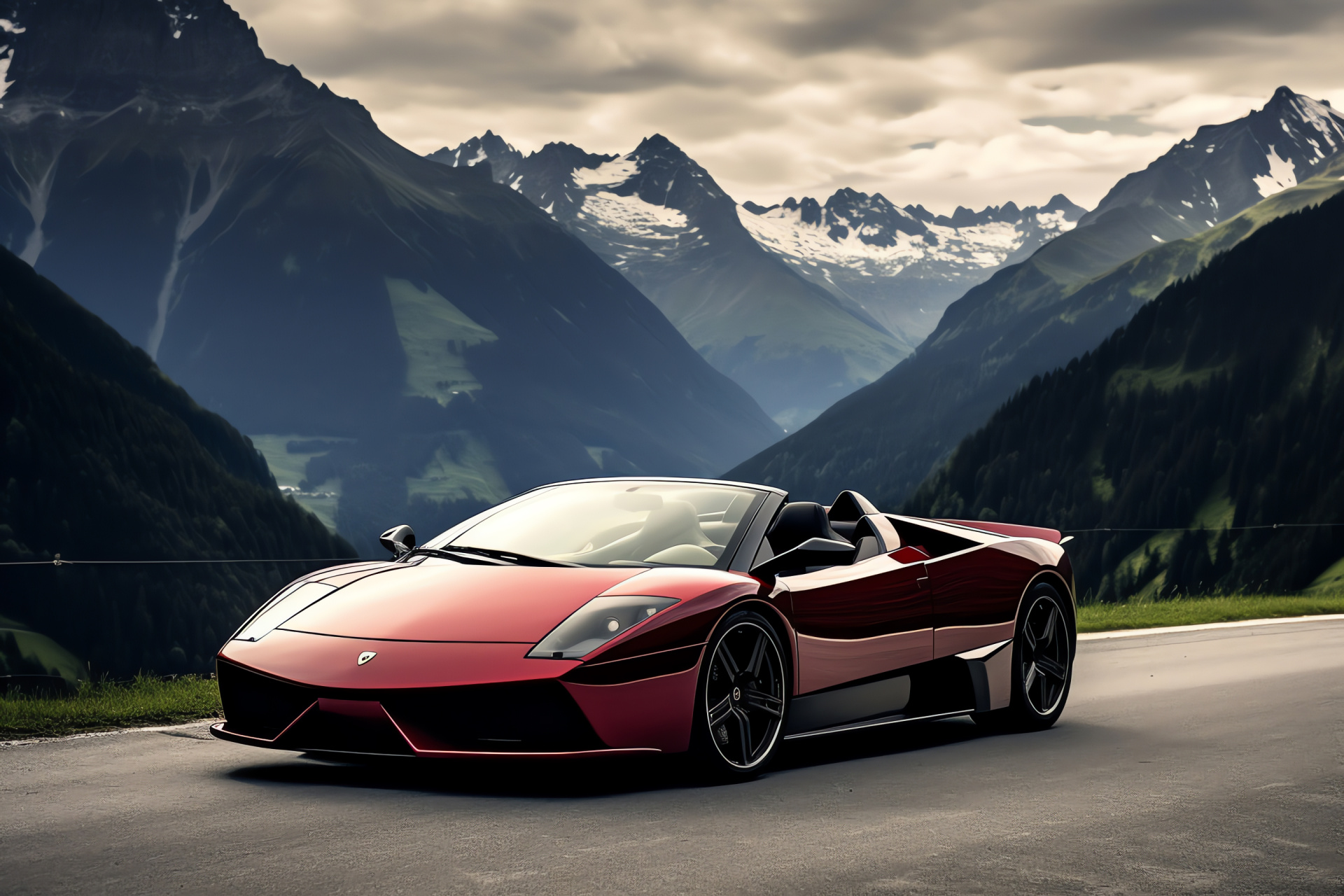 Murcielago Roadster, Swiss mountain scenery, Convertible sports car, Alpine beauty, Open-top freedom, HD Desktop Wallpaper