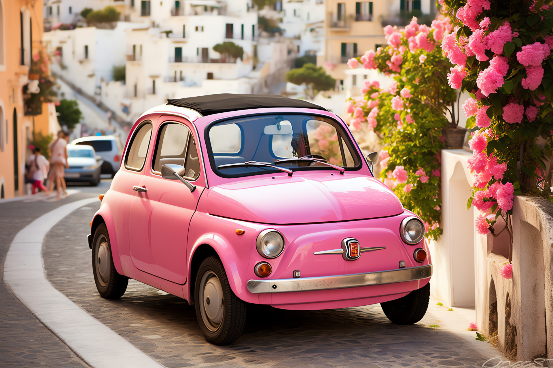 Pink Fiat 500, cliff-hugging roads of Positano, azure sea backdrop, Italian driving romance, coastal charm, HD Desktop Wallpaper