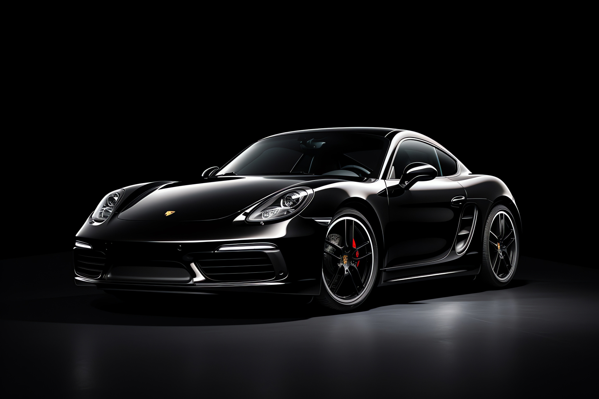 Porsche Cayman R unit, High-angle display, Sleek glossy black finish, Automotive photography, Monochromatic backdrop, HD Desktop Image