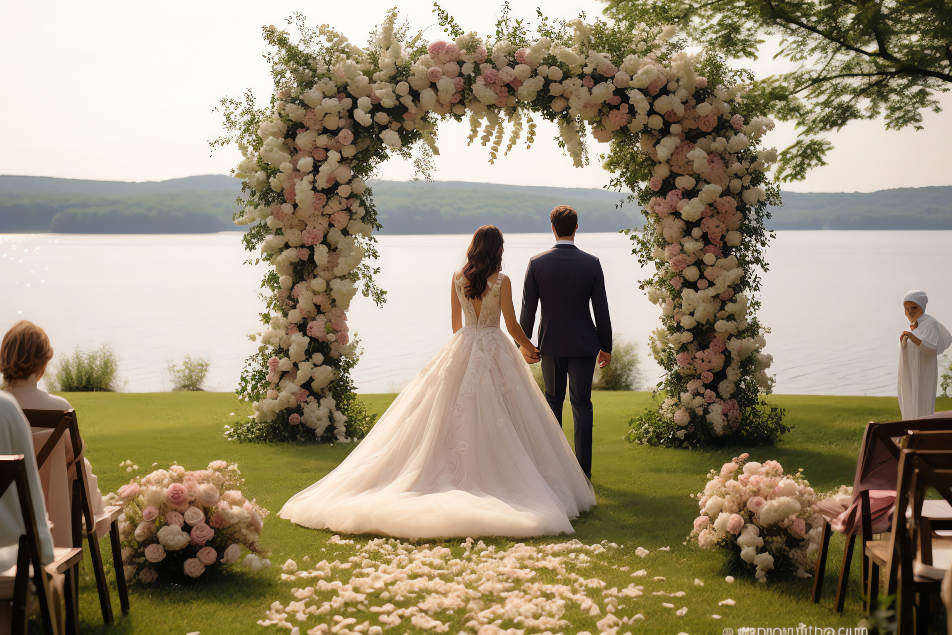 Lakeside wedding vows, Scenic outdoor backdrop, Manicured green lawns, Romantic ceremony locale, Wedding event by the water, HD Desktop Image