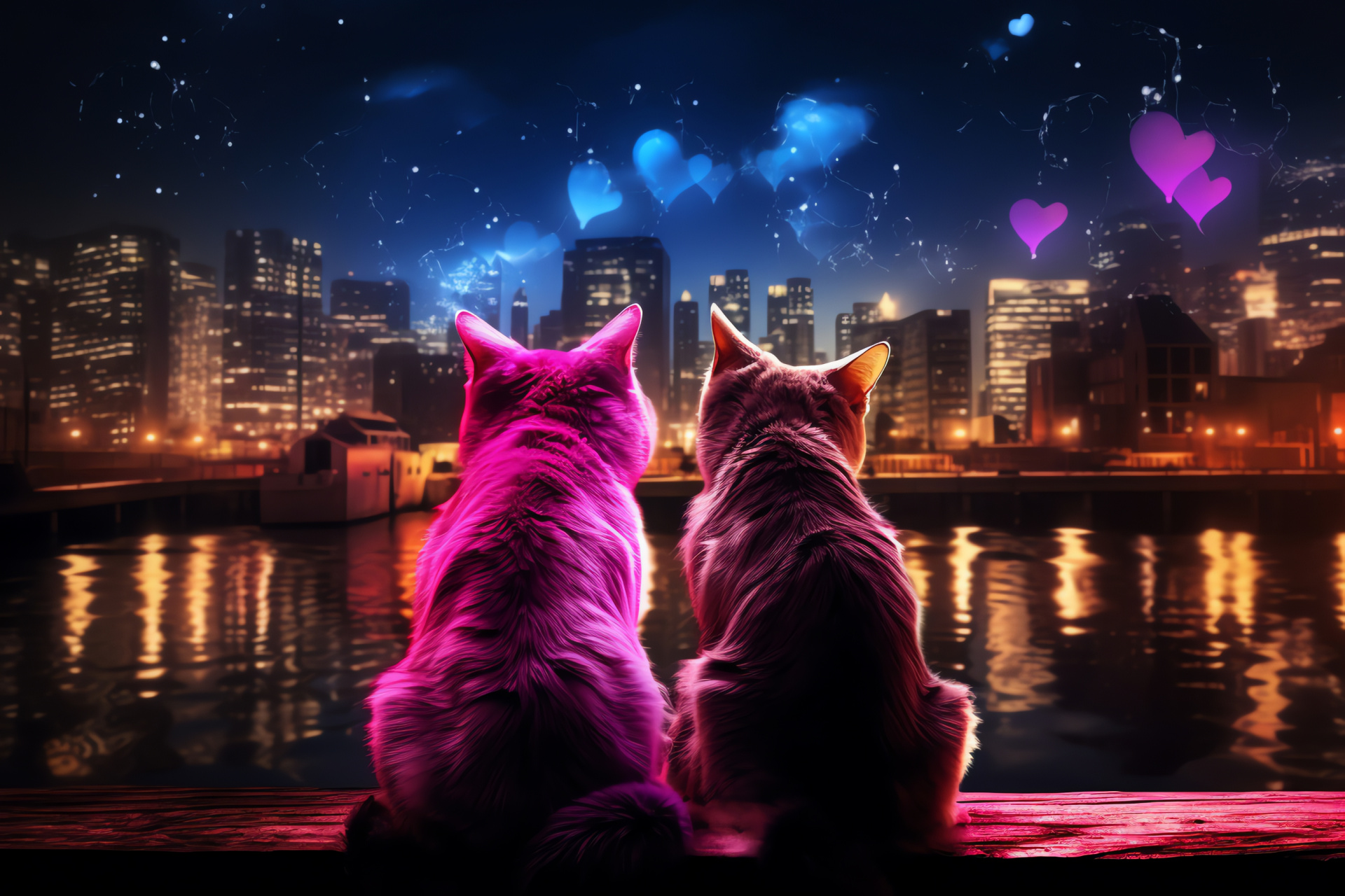 Urban cats Valentine, Metropolitan skyline, Evening charisma, Illuminating displays, City celebration, HD Desktop Image