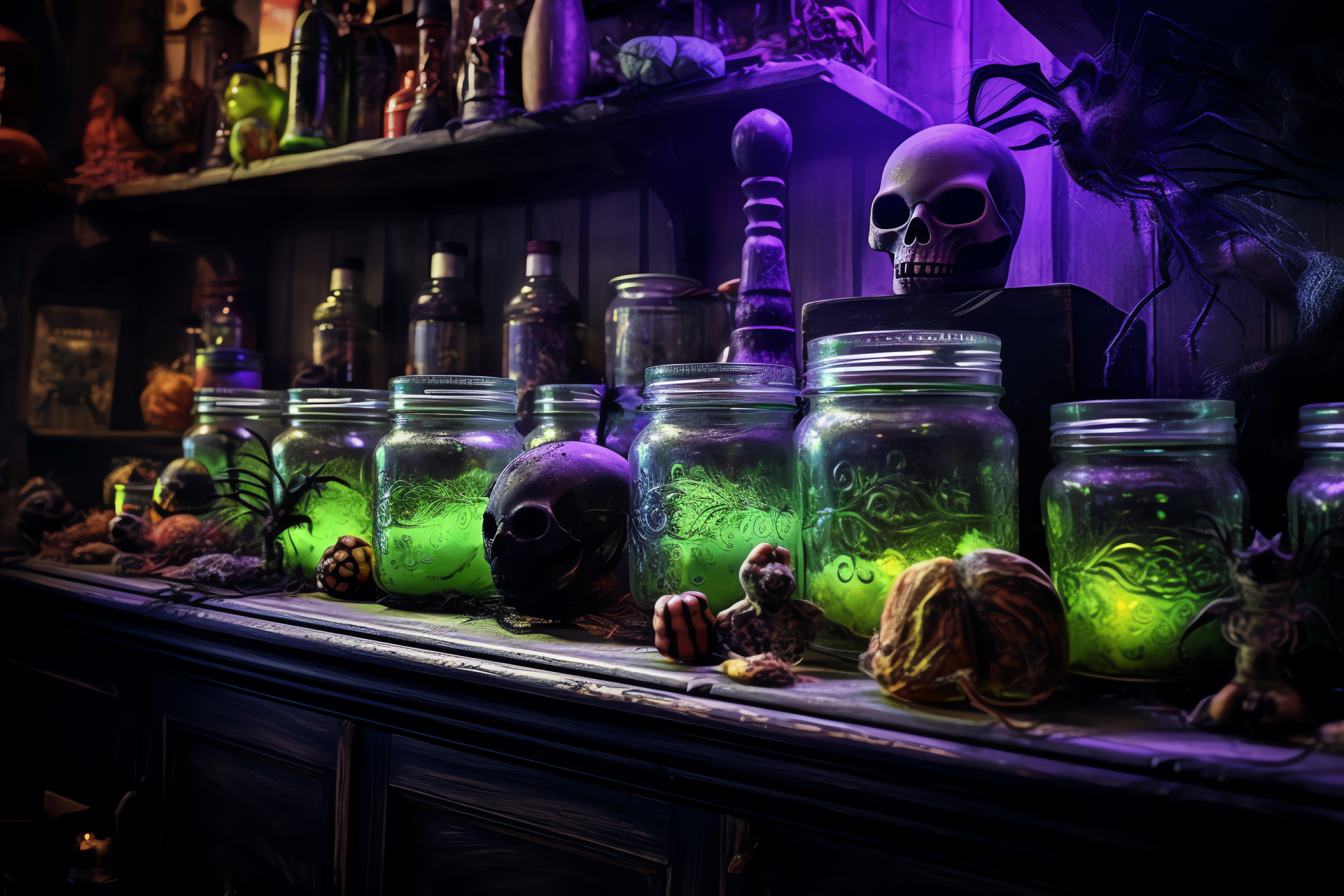 All Hallows' Eve decor, spooky attic setup, witchcraft ingredients, enchanted jars, creepy eyeballs, HD Desktop Wallpaper