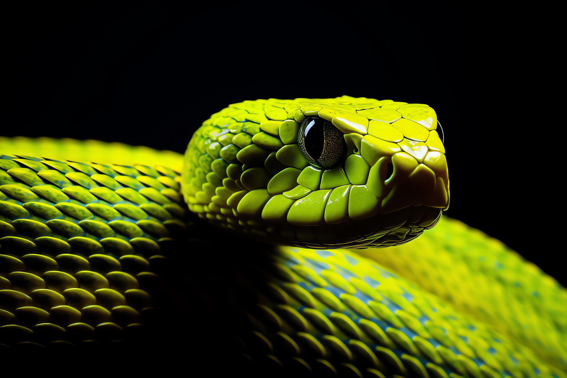 Electric yellow serpent, Strikingly slithering reptile, Deep contrasting backdrop, Nature's intense palette, Glowing snake presence, HD Desktop Wallpaper