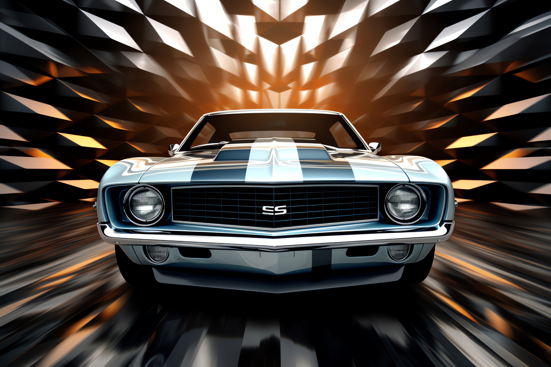 Shining muscle car, Bright metallic sheen, Dynamic frontal capture, Engine prowess, Automotive power, HD Desktop Image