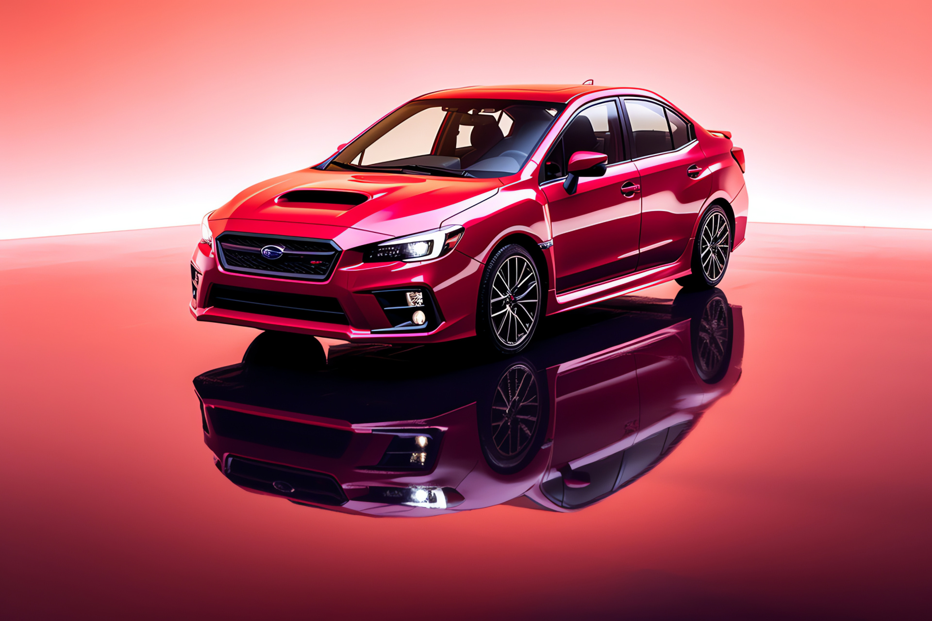 Subaru Impreza WRX STI, High view, Racing red coat, Performance machine, Prominent contrast, HD Desktop Wallpaper