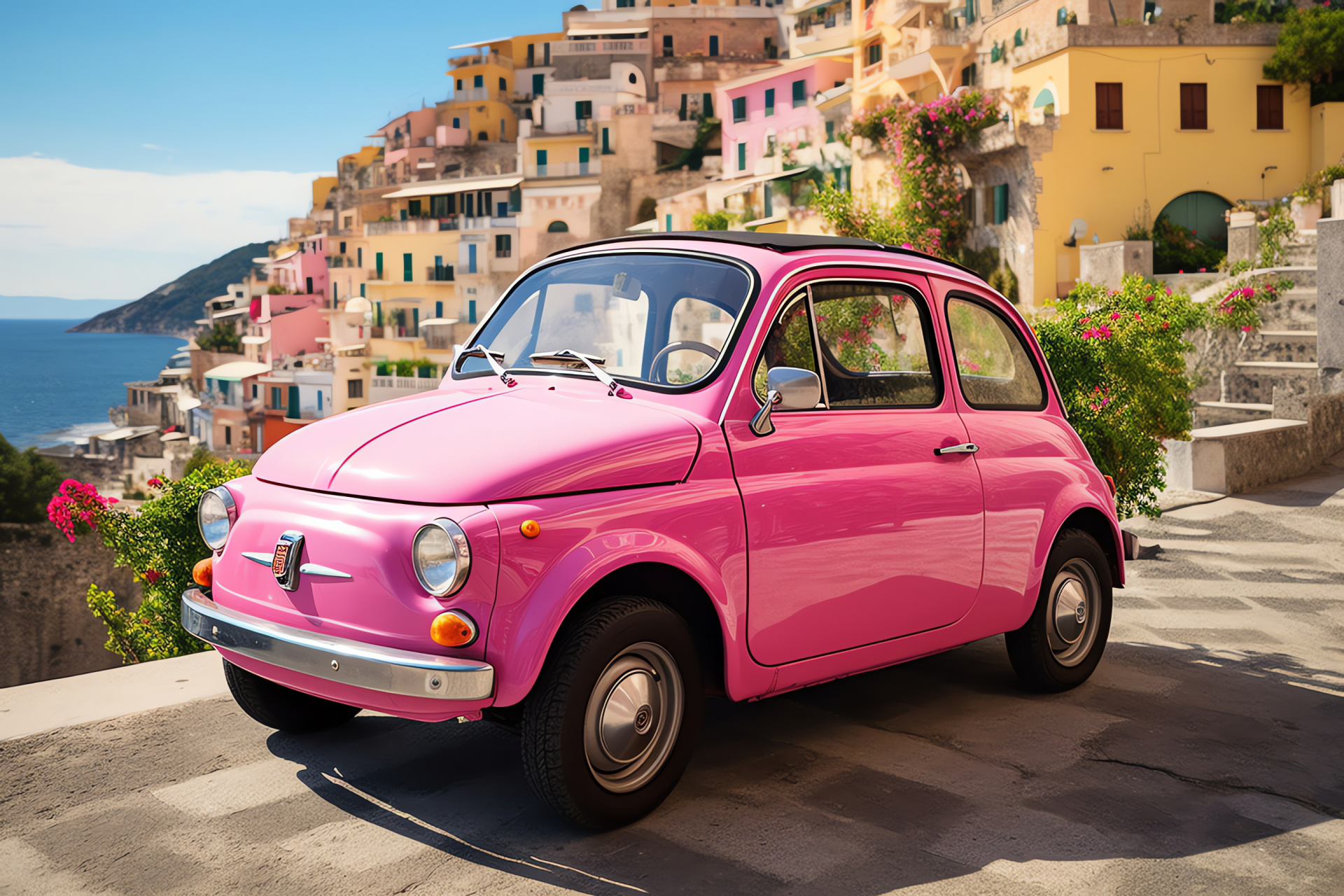 Positano road trip, Pink Mini-automobiles, Coastal route voyage, Italian seaside charm, HD Desktop Image