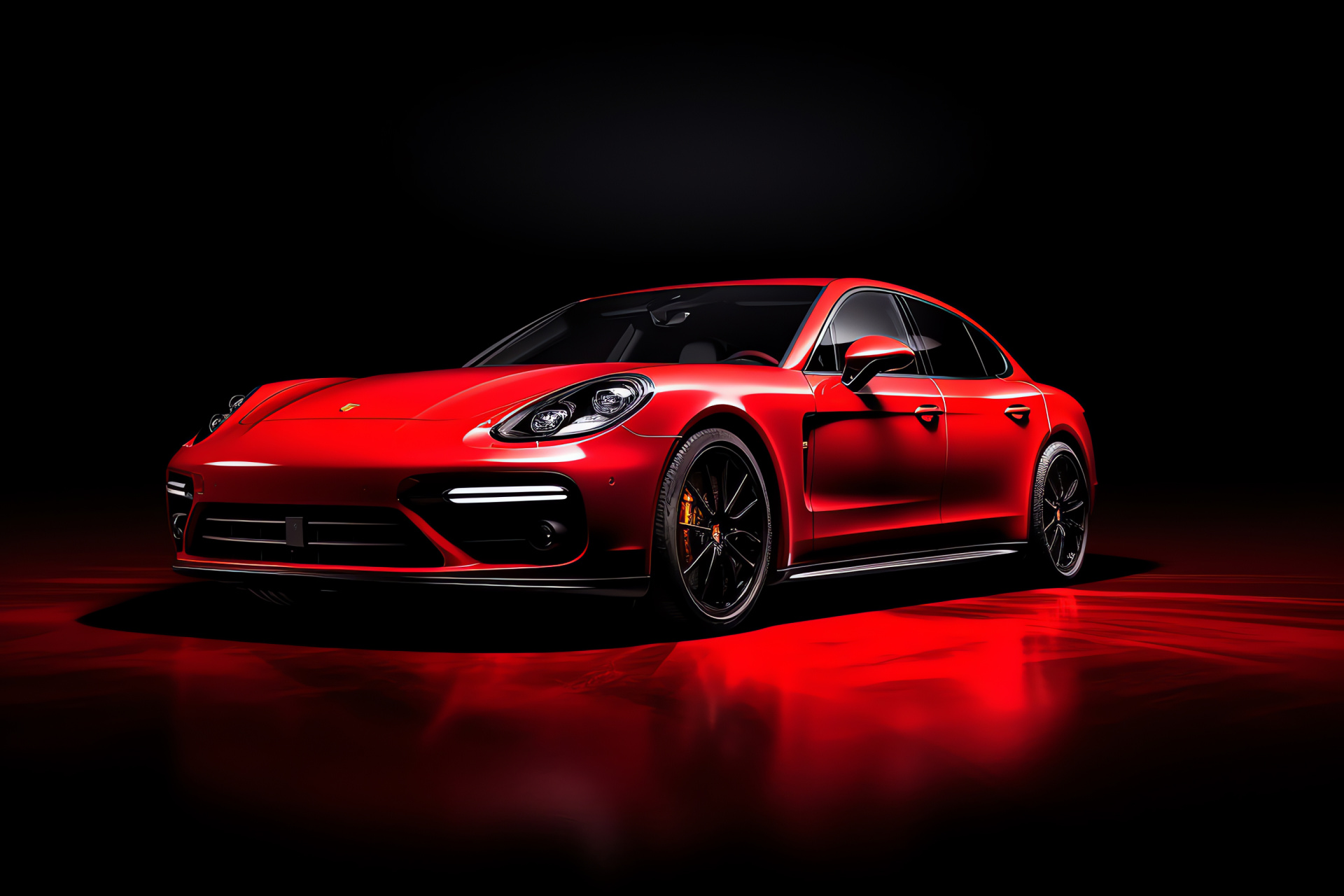 Porsche Panamera GTS, Full-width view, Vivid red saturation, Pure backdrop, German high-performance, HD Desktop Image