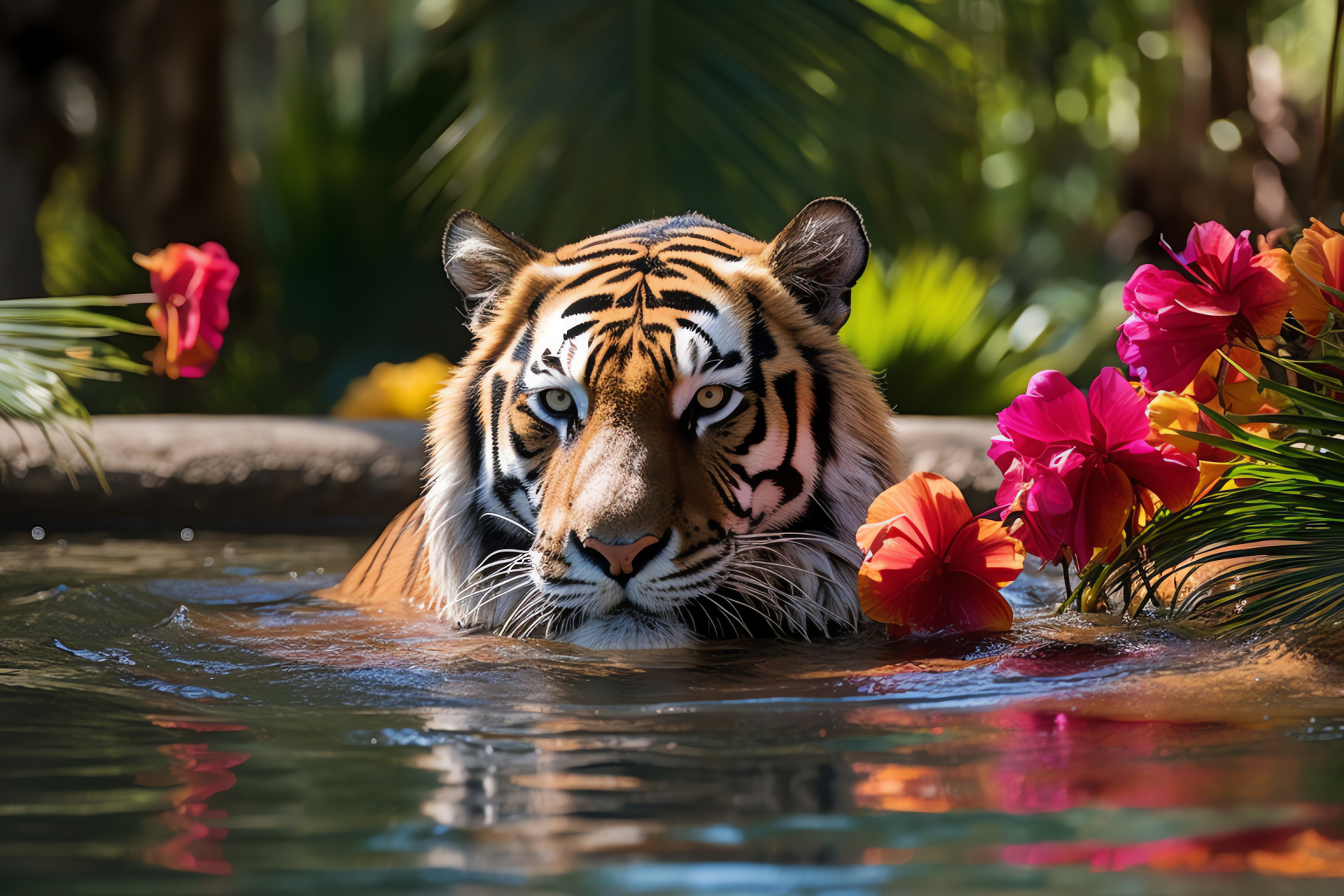 Graceful Bengal tiger, Indian jungle resident, peaceful full-length stance, reflective water pool, tranquil wilderness, HD Desktop Image