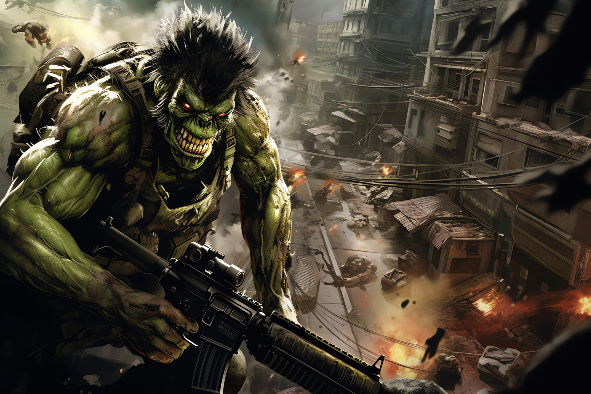 Gaming character Grinch, SPAS-12 usage, Elevated position, Urban gaming, Strategic location, HD Desktop Image