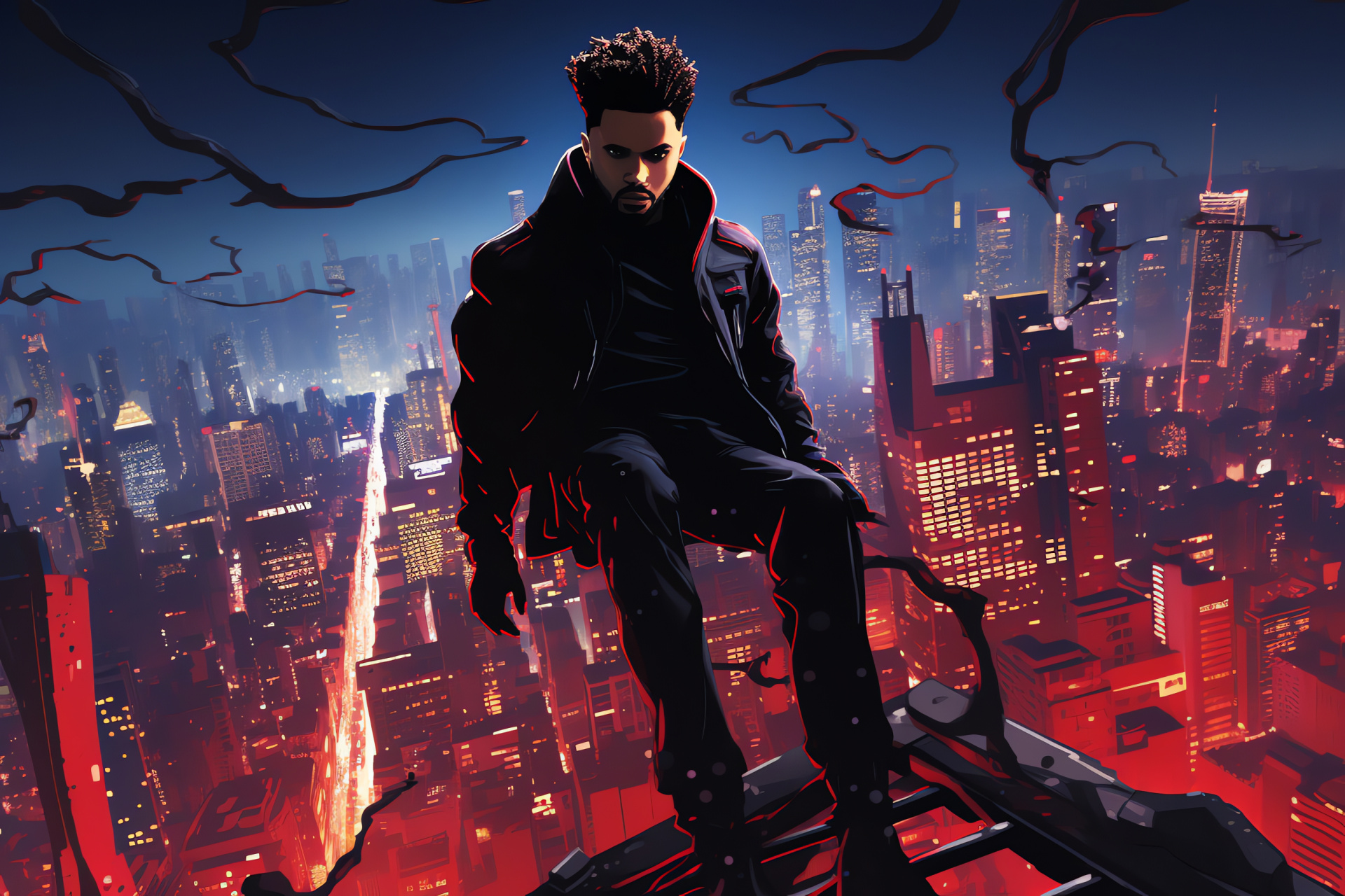 The Weeknd in Starboy era, futuristic urban landscape, modern sleek black attire, sophisticated music video shoot, HD Desktop Image