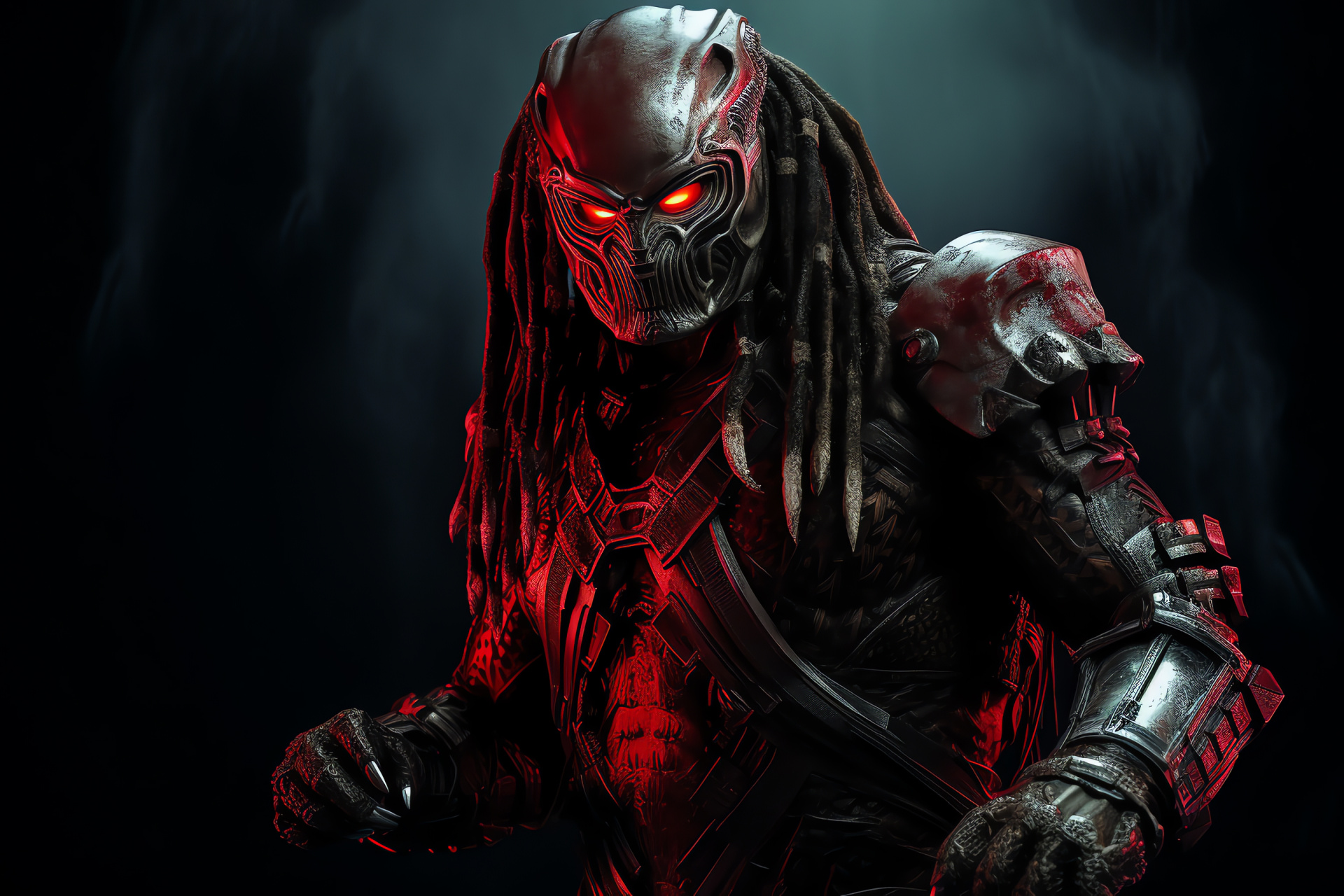 Predator presence, Yautja warrior, Dominating aura, Dark backdrop, Extraterrestrial technology, HD Desktop Wallpaper