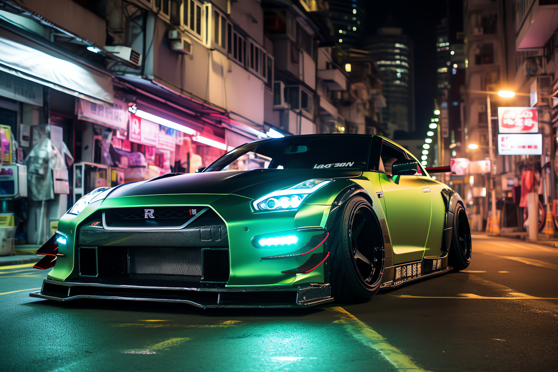 Nissan GTR Liberty Walk design, Hong Kong street scene, Customized vehicle wrap, Aftermarket kit detail, City neon glow, HD Desktop Wallpaper