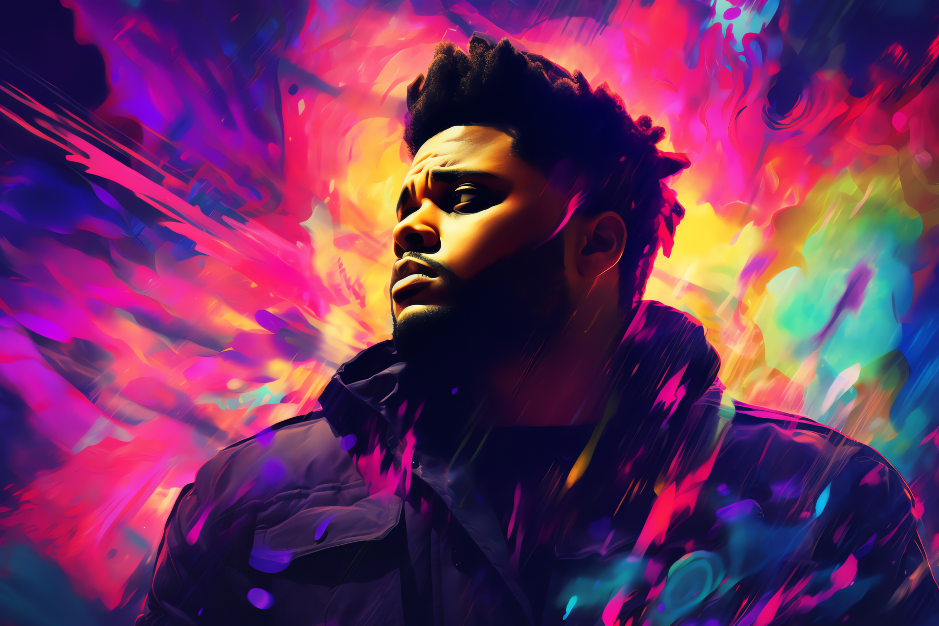 The Weeknd concept art, Hypnotic digital realm, Artistic levitation, Colorful swirl effect, Abstract visual art, HD Desktop Wallpaper