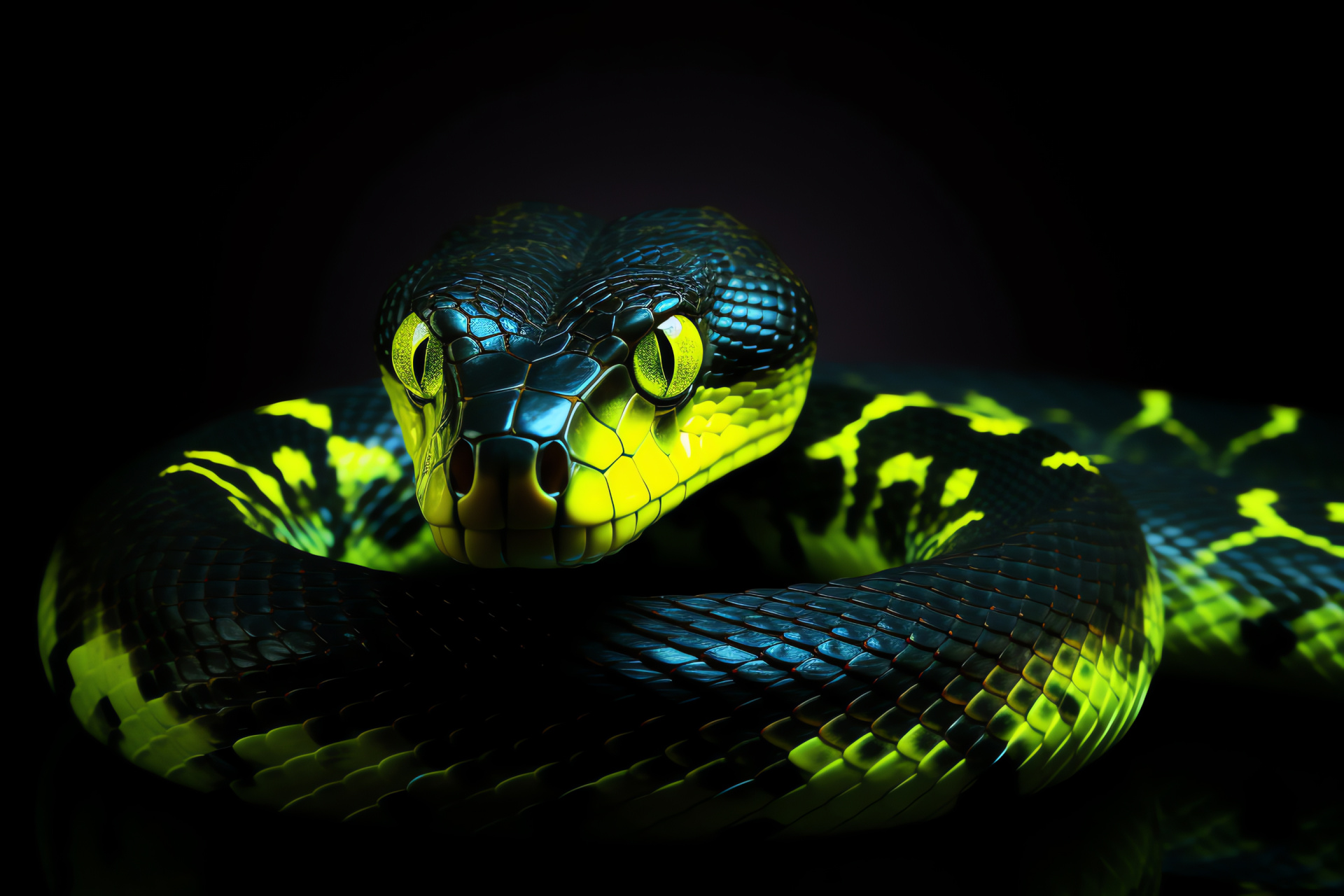 Radiant yellow serpent, Serpentine motion, Pitch-black contrast backdrop, Striking reptile colors, Exotic animal, HD Desktop Wallpaper