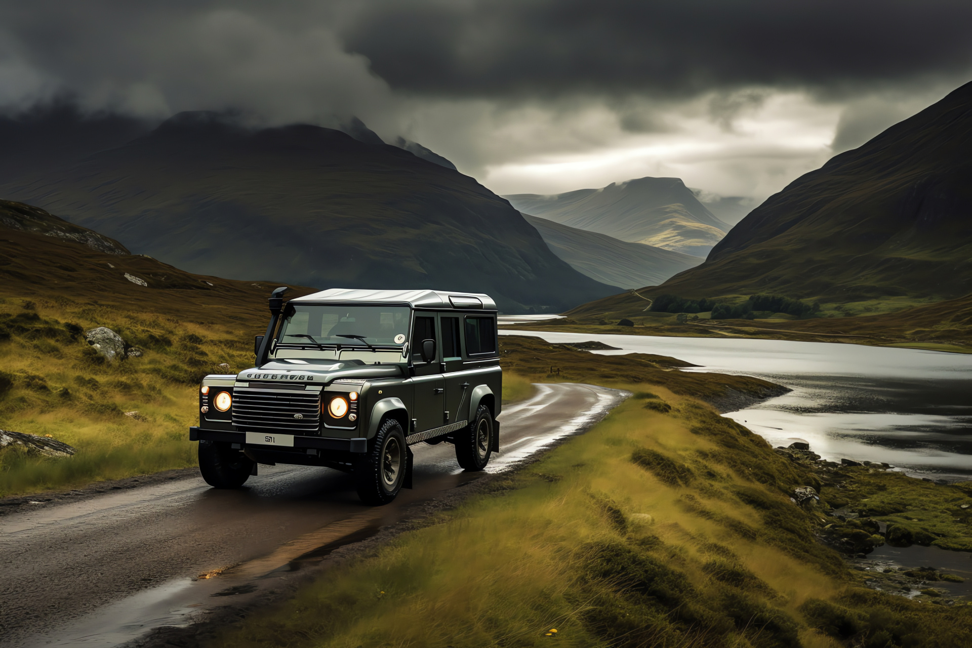 Land Rover Defender, Rugged Highlands terrain, Military olive paint, British SUV heritage, All-terrain capability, HD Desktop Wallpaper