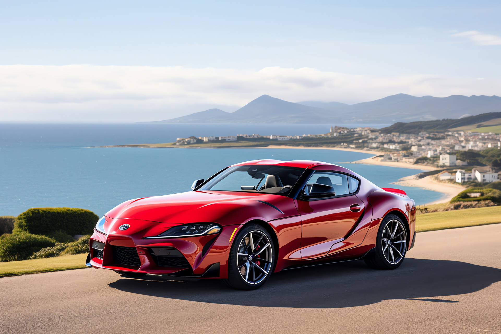 Toyota Supra GR A90, Convertible model, Coastal driving scene, Sea horizon, Open-top experience, HD Desktop Image