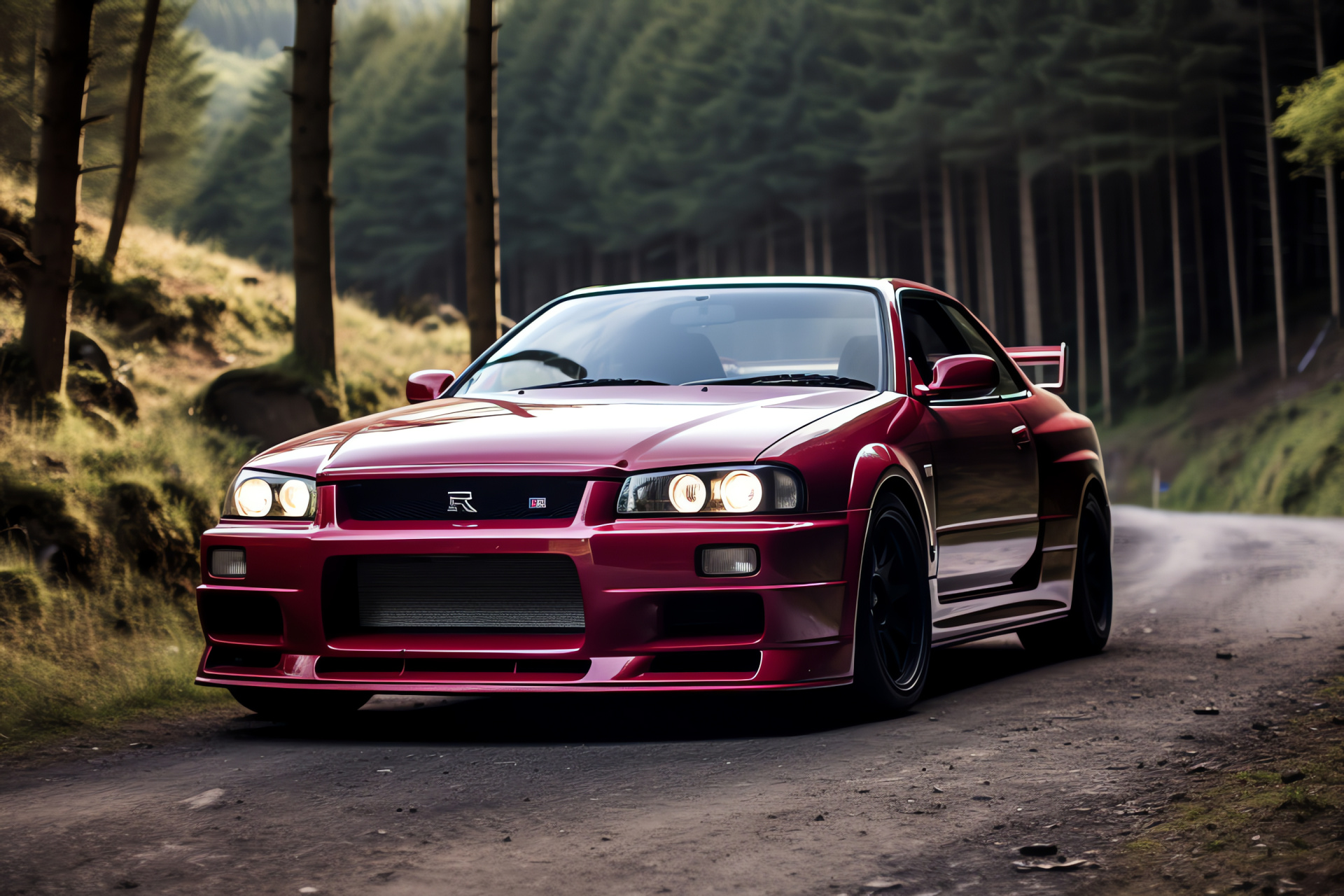 Nissan Skyline GTR R33, mountain route, serpentine road, iconic headlights, premium badge, HD Desktop Wallpaper